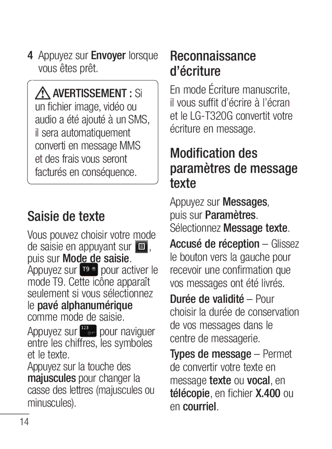 LG Electronics MFL67020402 manual Saisie de texte, Modification des paramètres de message texte 