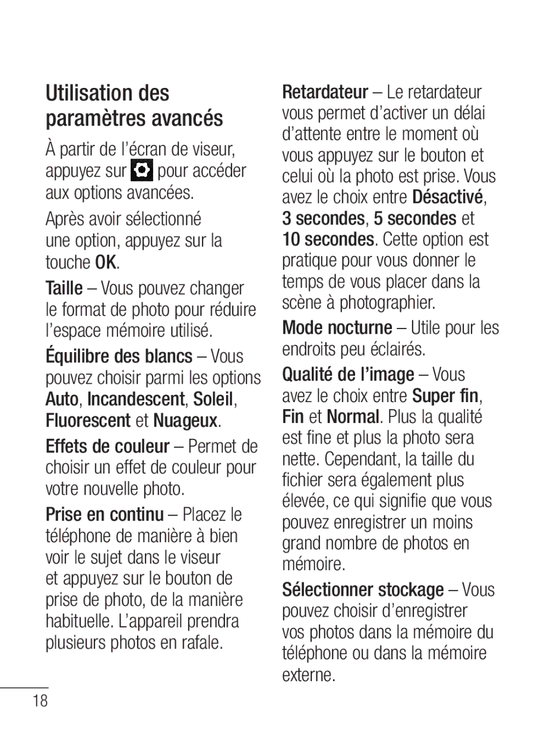 LG Electronics MFL67020402 manual Utilisation des paramètres avancés, Mode nocturne Utile pour les endroits peu éclairés 