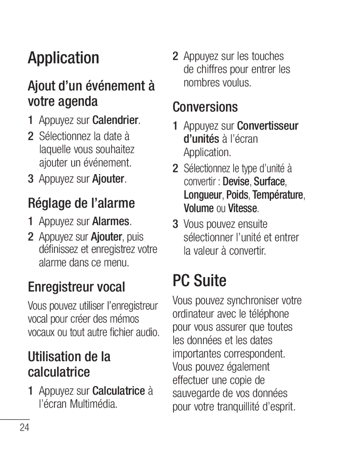 LG Electronics MFL67020402 manual Réglage de l’alarme, Enregistreur vocal, Utilisation de la calculatrice, Conversions 