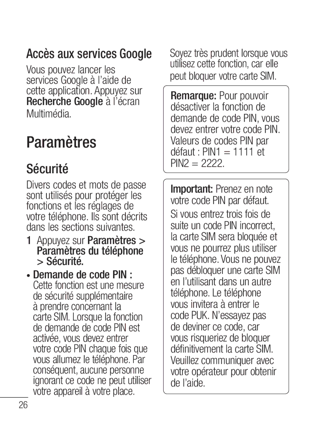 LG Electronics MFL67020402 manual Paramètres, Sécurité, Accès aux services Google 