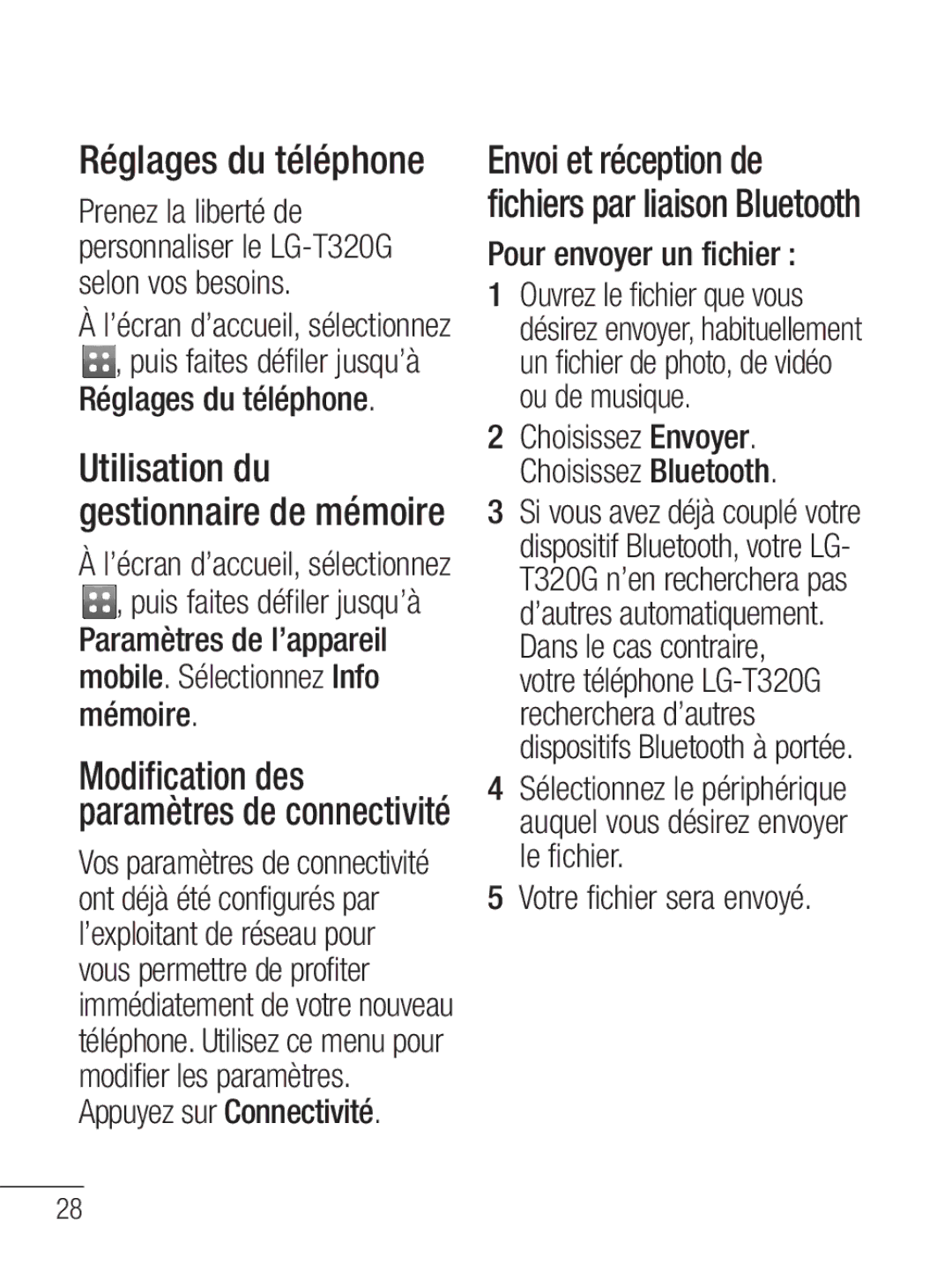 LG Electronics MFL67020402 manual Réglages du téléphone, Pour envoyer un fichier, Votre fichier sera envoyé 