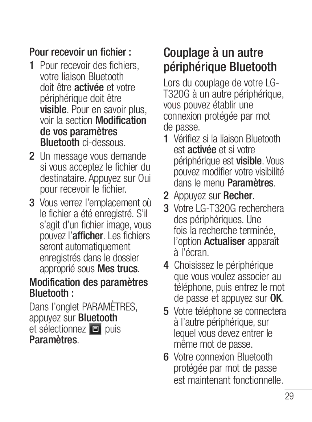 LG Electronics MFL67020402 Pour recevoir un fichier, Modification des paramètres Bluetooth, Appuyez sur Recher, ’écran 