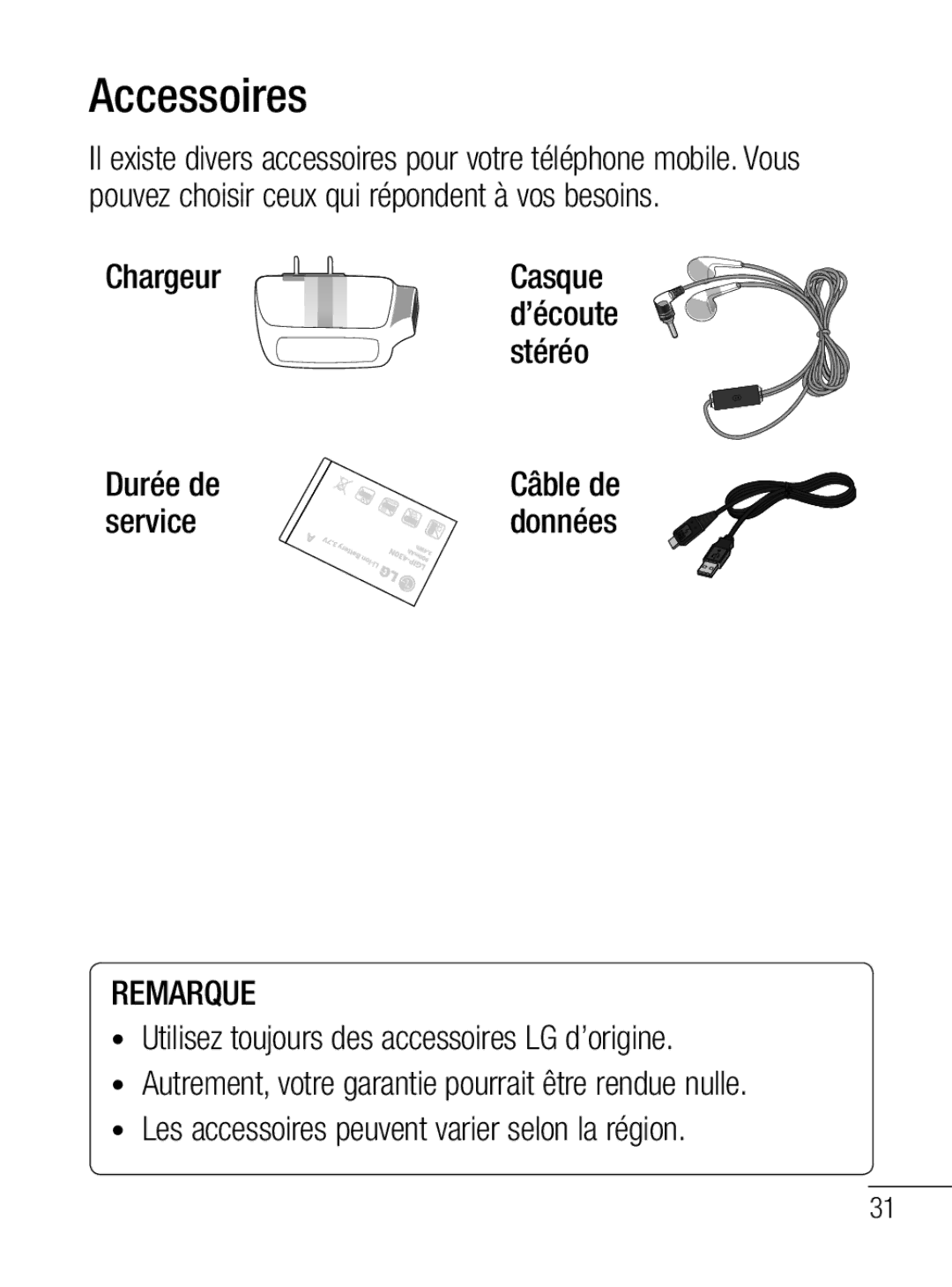 LG Electronics MFL67020402 manual Accessoires, Chargeur Casque, Stéréo, Durée de, Service 