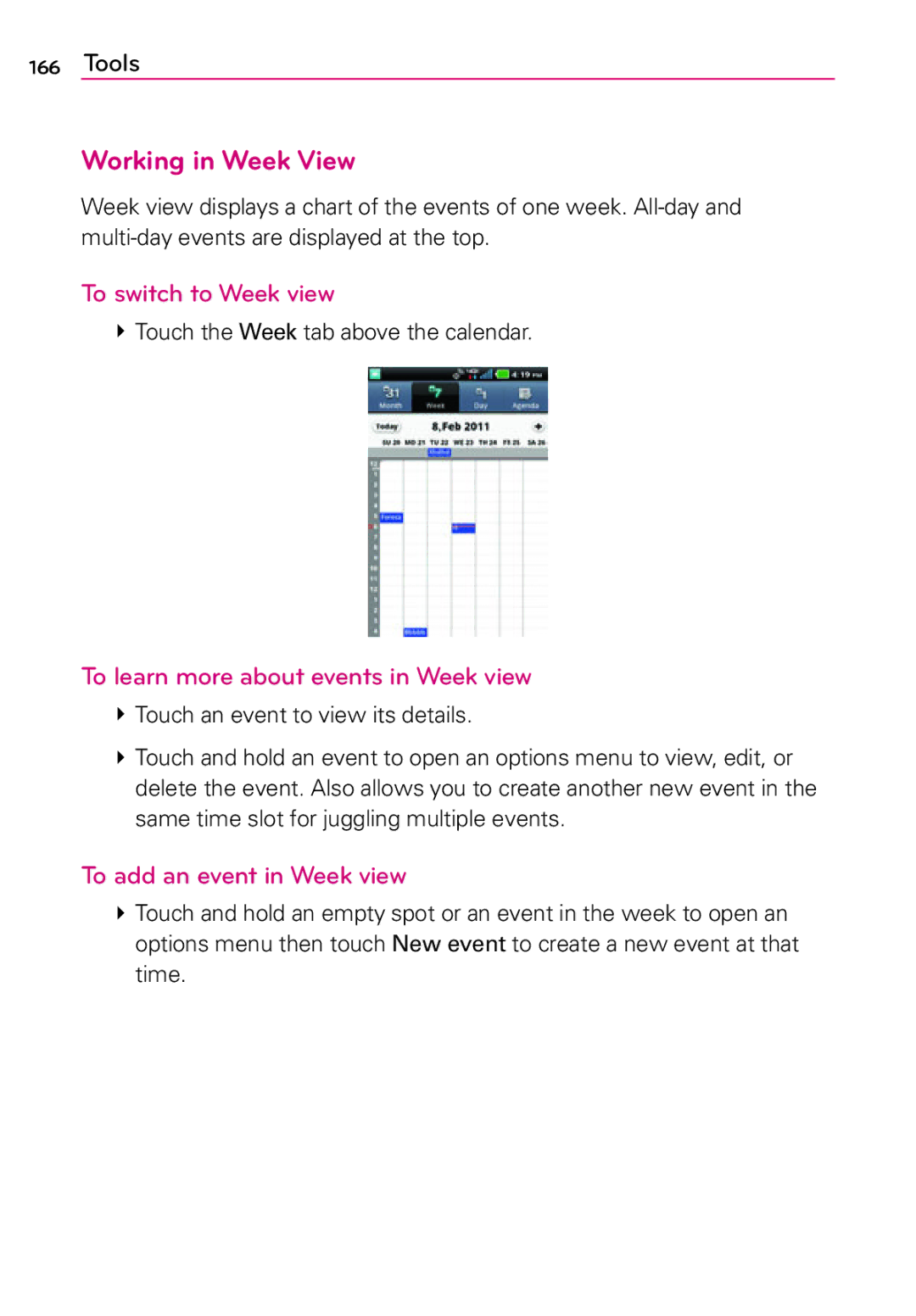 LG Electronics MFL67202801(1.0)H Working in Week View, To switch to Week view, To learn more about events in Week view 