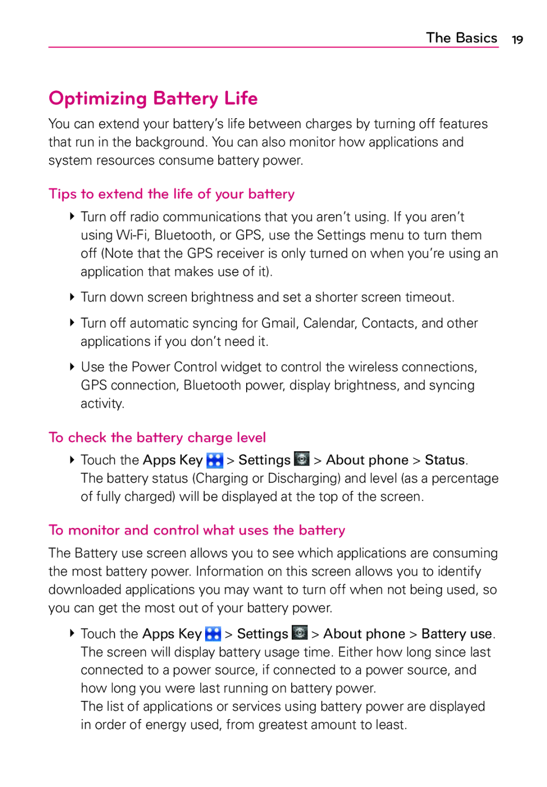 LG Electronics MFL67202801(1.0)H manual Optimizing Battery Life, Tips to extend the life of your battery 