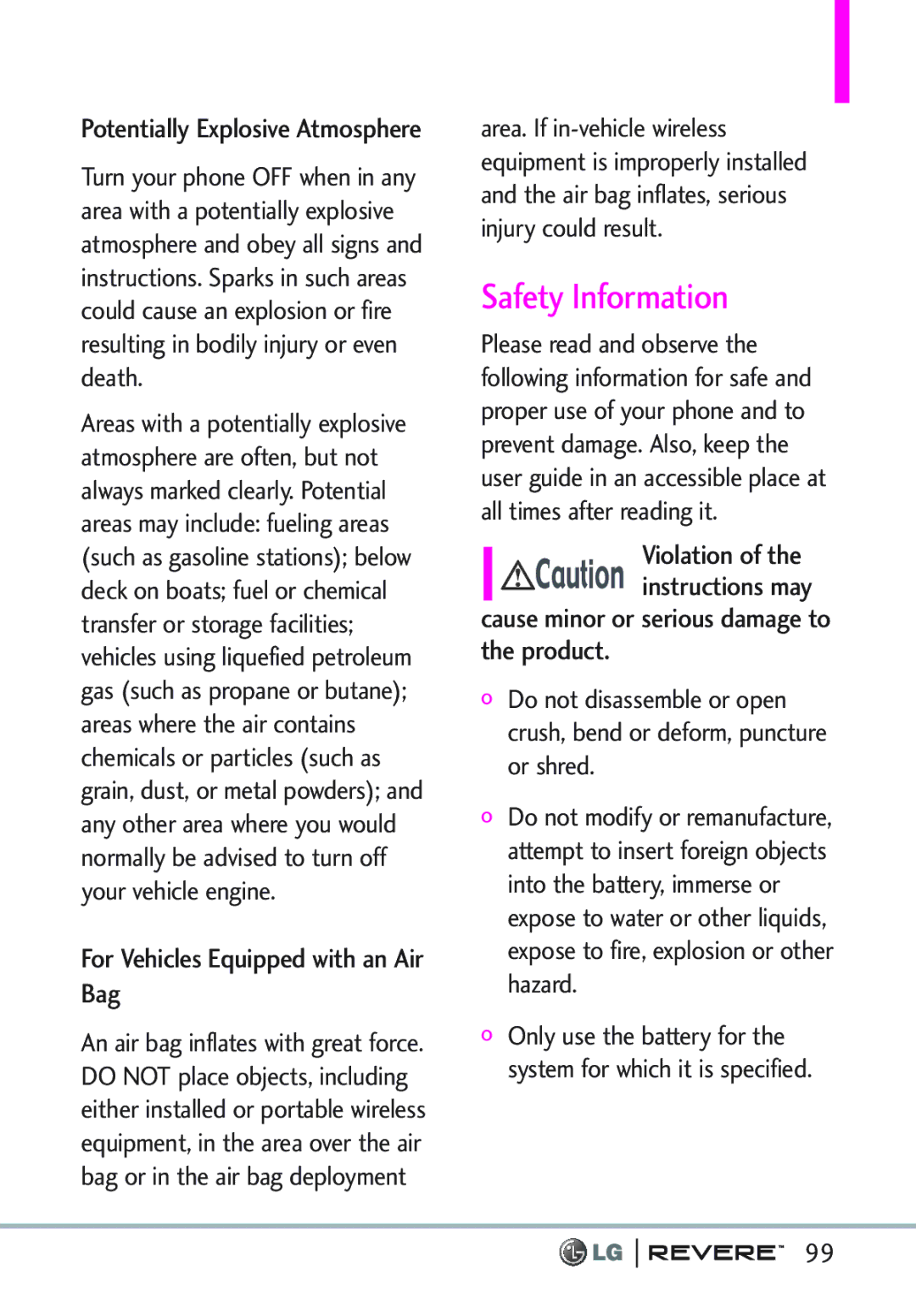 LG Electronics MFL67261701 Safety Information, For Vehicles Equipped with an Air Bag, Potentially Explosive Atmosphere 