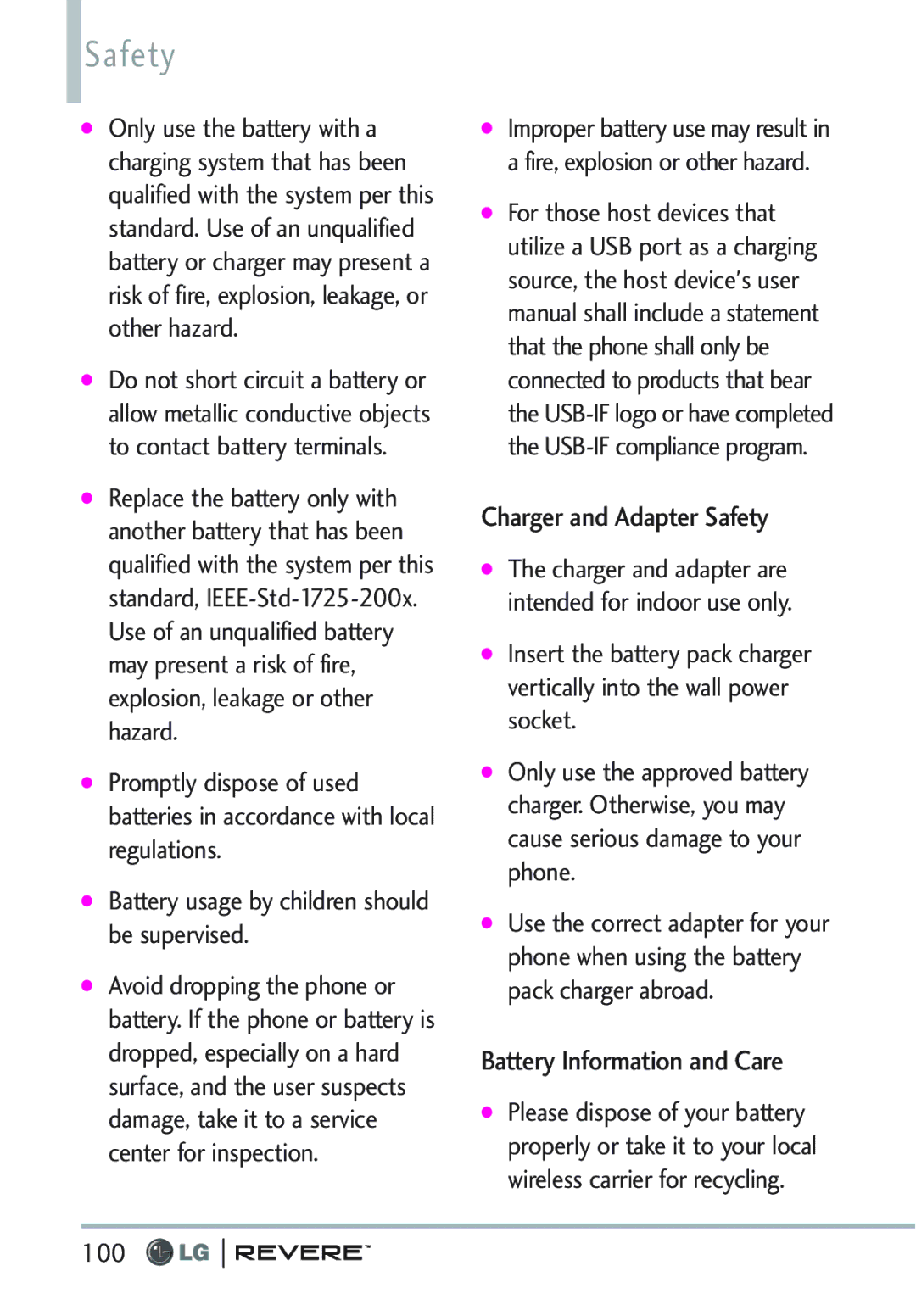 LG Electronics MFL67261701 manual Charger and Adapter Safety, Battery Information and Care, 100 