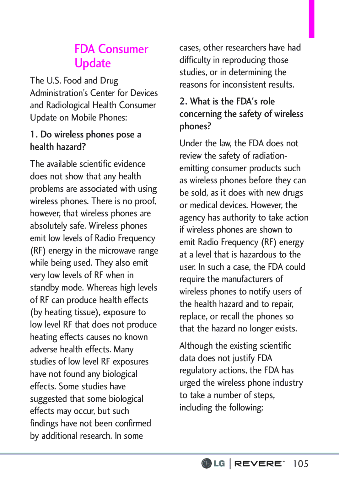 LG Electronics MFL67261701 manual FDA Consumer Update, Do wireless phones pose a health hazard?, 105 