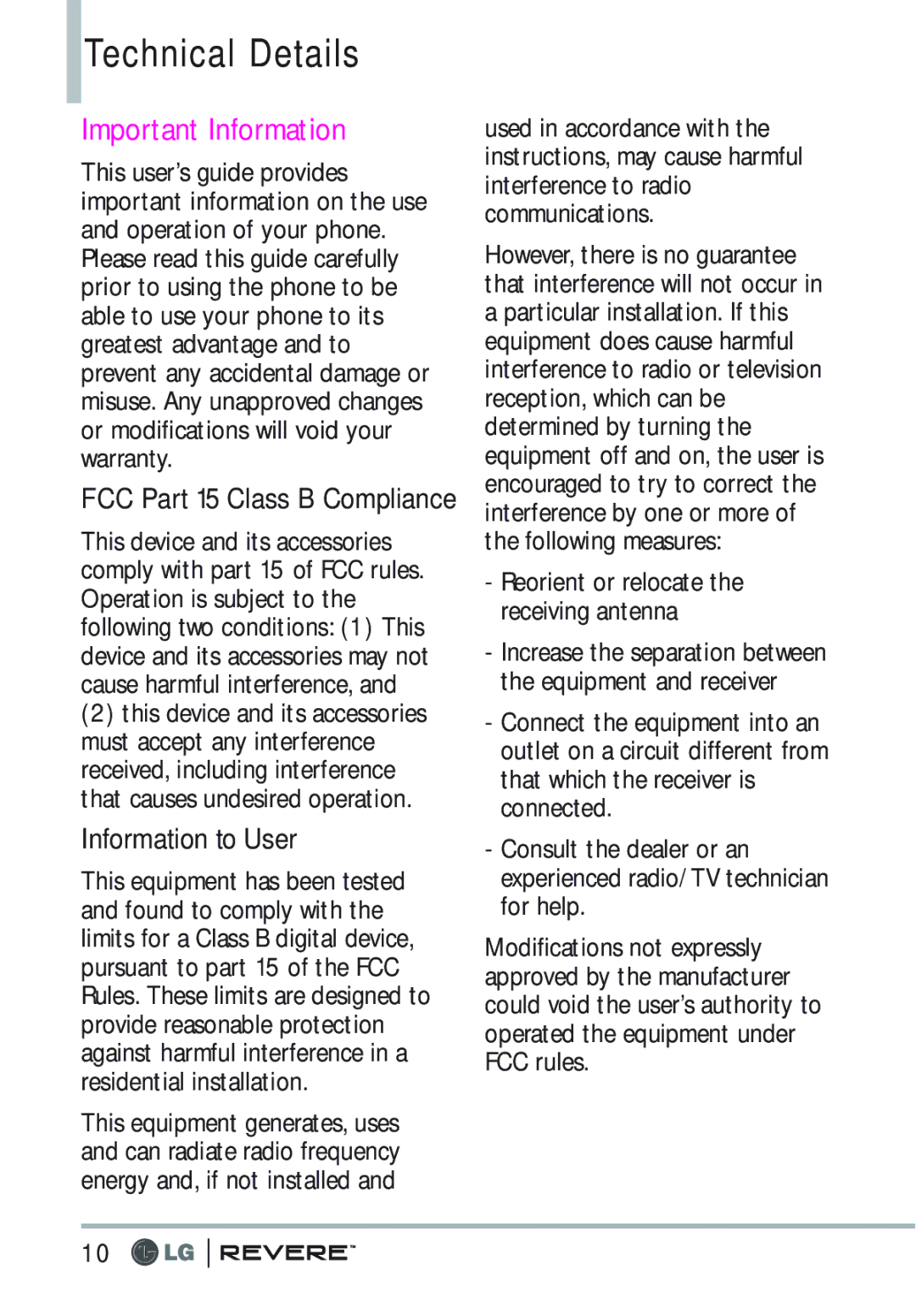 LG Electronics MFL67261701 Technical Details, Important Information, Information to User, FCC Part 15 Class B Compliance 