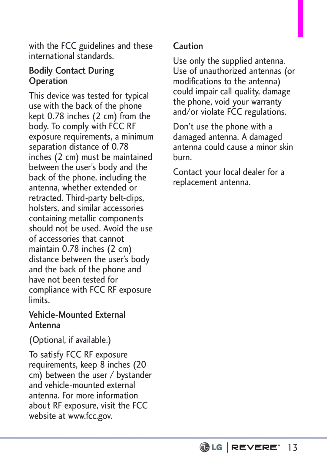 LG Electronics MFL67261701 manual Bodily Contact During Operation, Vehicle-Mounted External Antenna, Optional, if available 