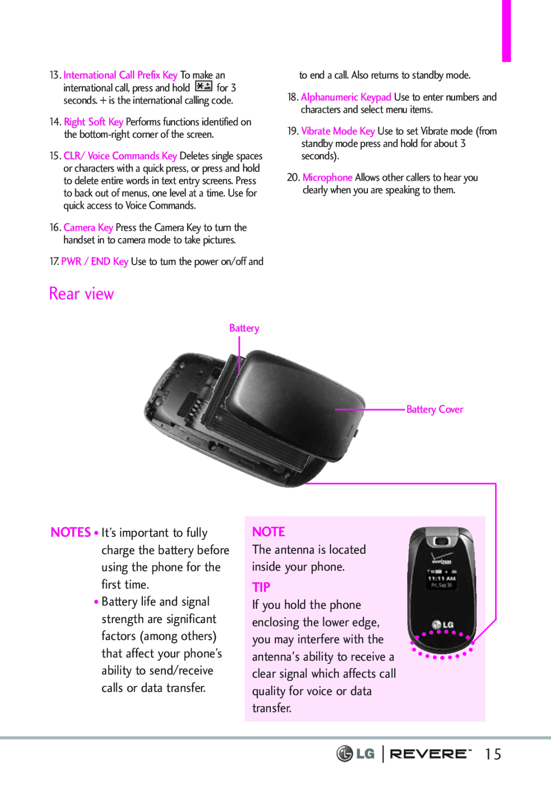 LG Electronics MFL67261701 manual Rear view, International Call Prefix Key To make an 