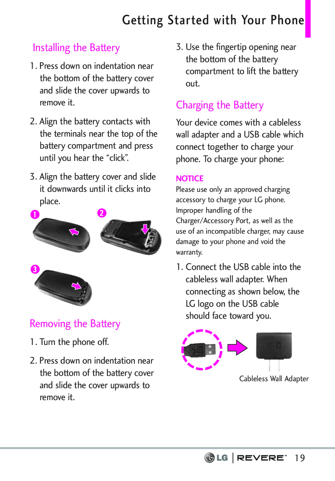 LG Electronics MFL67261701 manual Getting Started with Your Phone, Installing the Battery, Removing the Battery 