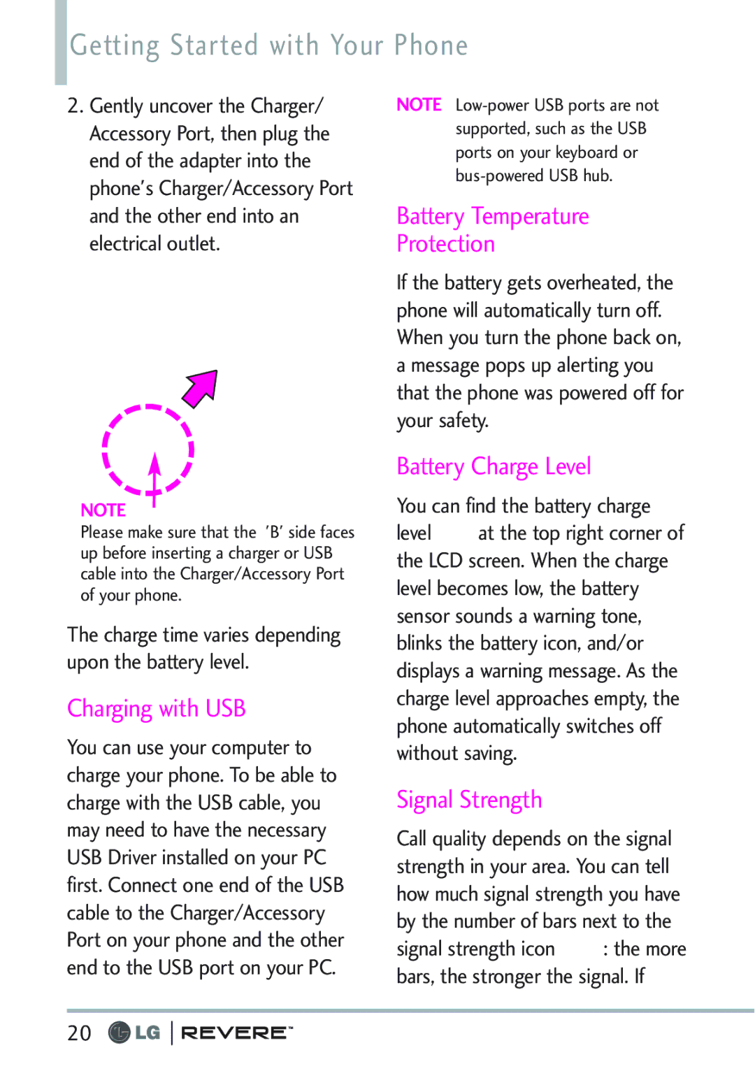 LG Electronics MFL67261701 manual Getting Started with Your Phone, Charging with USB, Battery Temperature Protection 