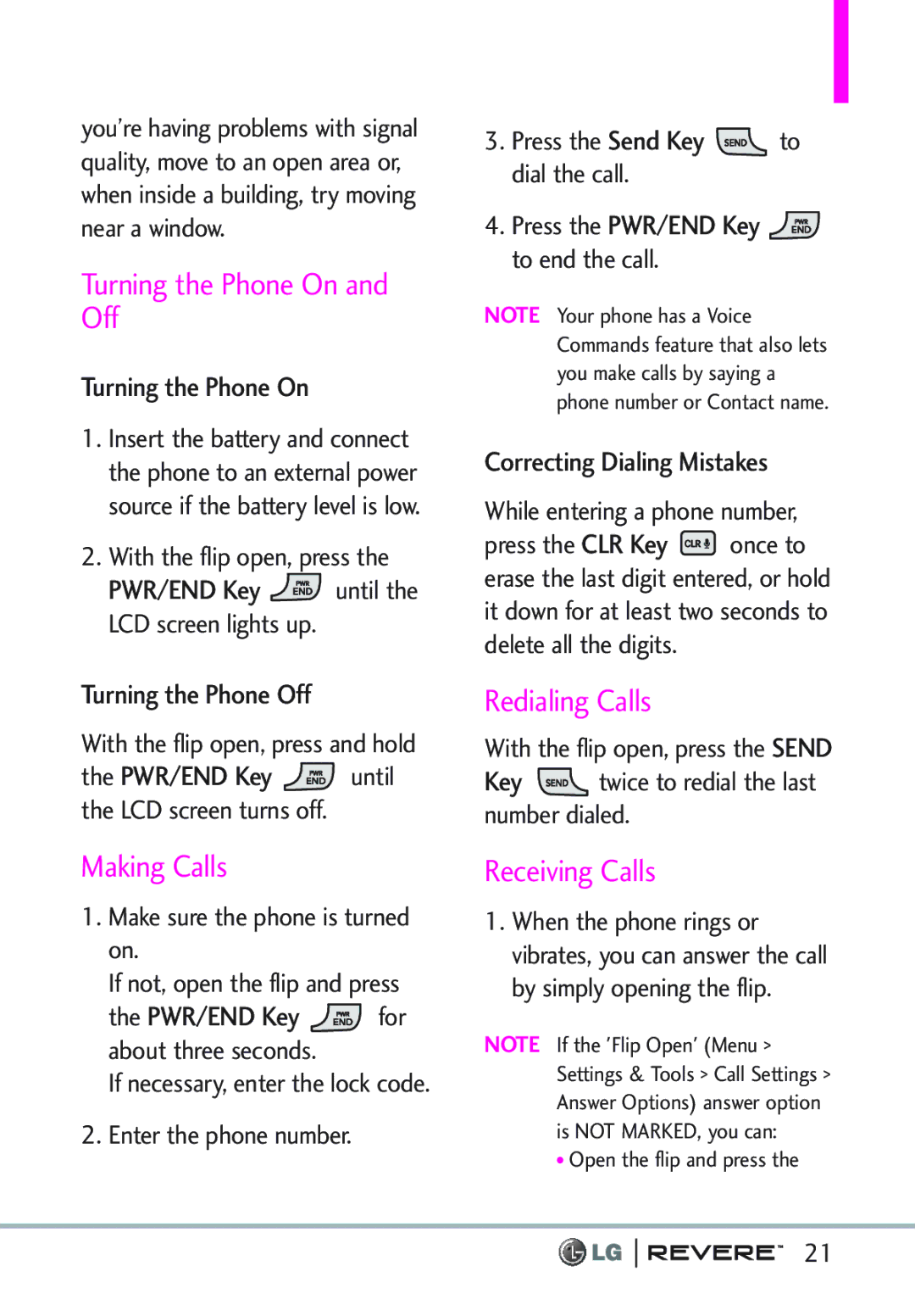 LG Electronics MFL67261701 manual Turning the Phone On and Off, Making Calls, Redialing Calls, Receiving Calls 