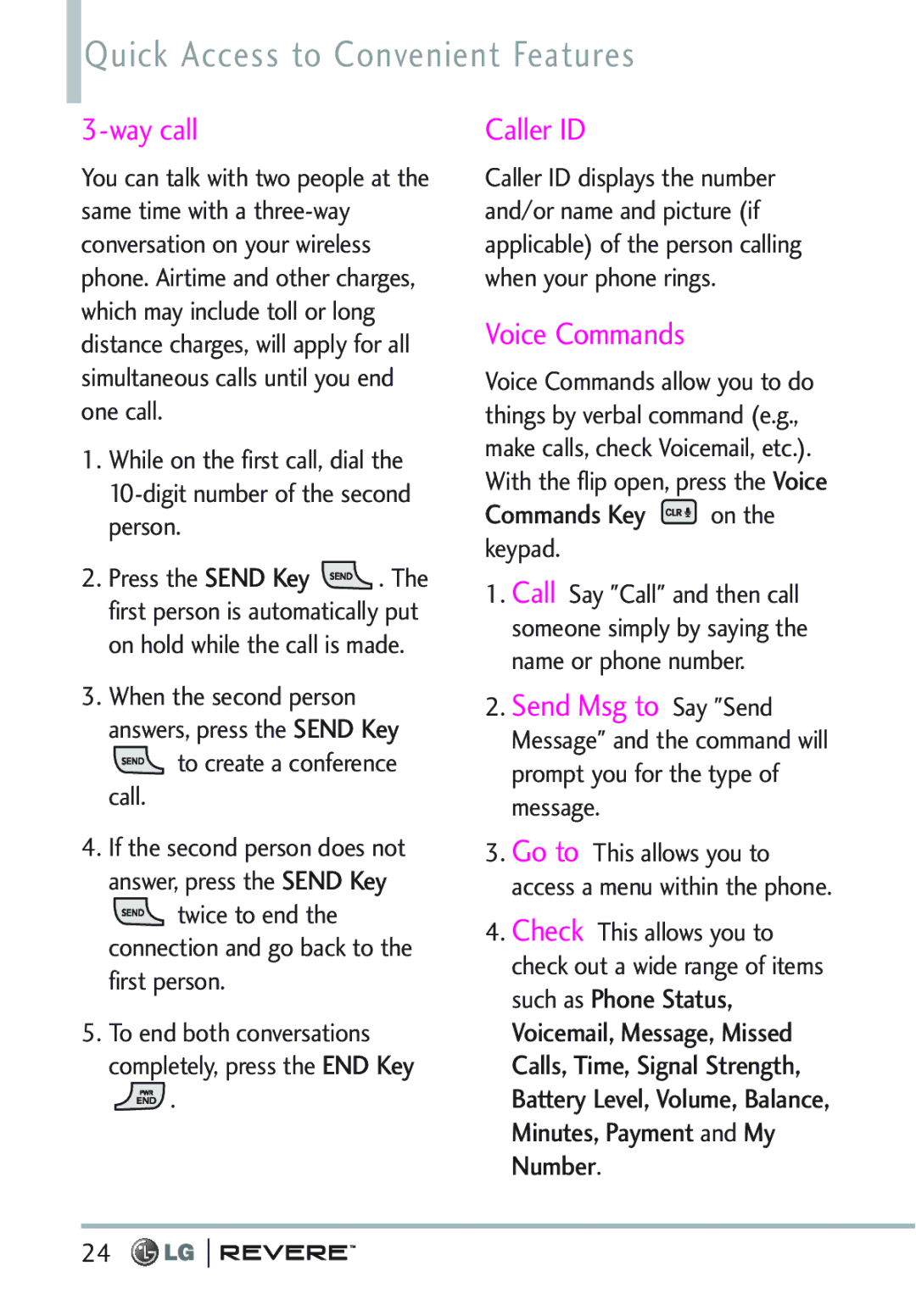 LG Electronics MFL67261701 manual Quick Access to Convenient Features, Way call, Caller ID, Voice Commands, Commands Key on 