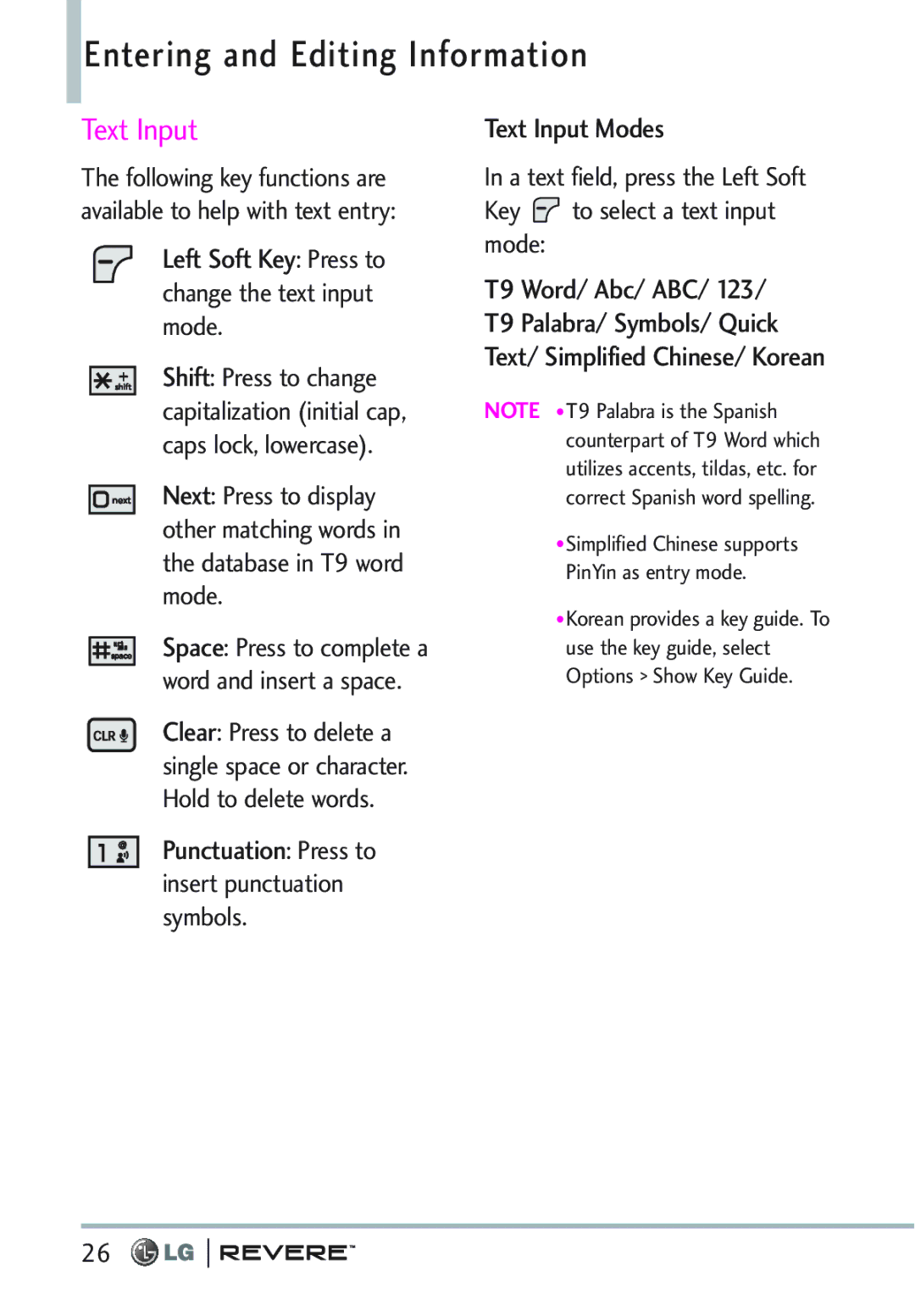 LG Electronics MFL67261701 manual Entering and Editing Information, Text Input Modes 