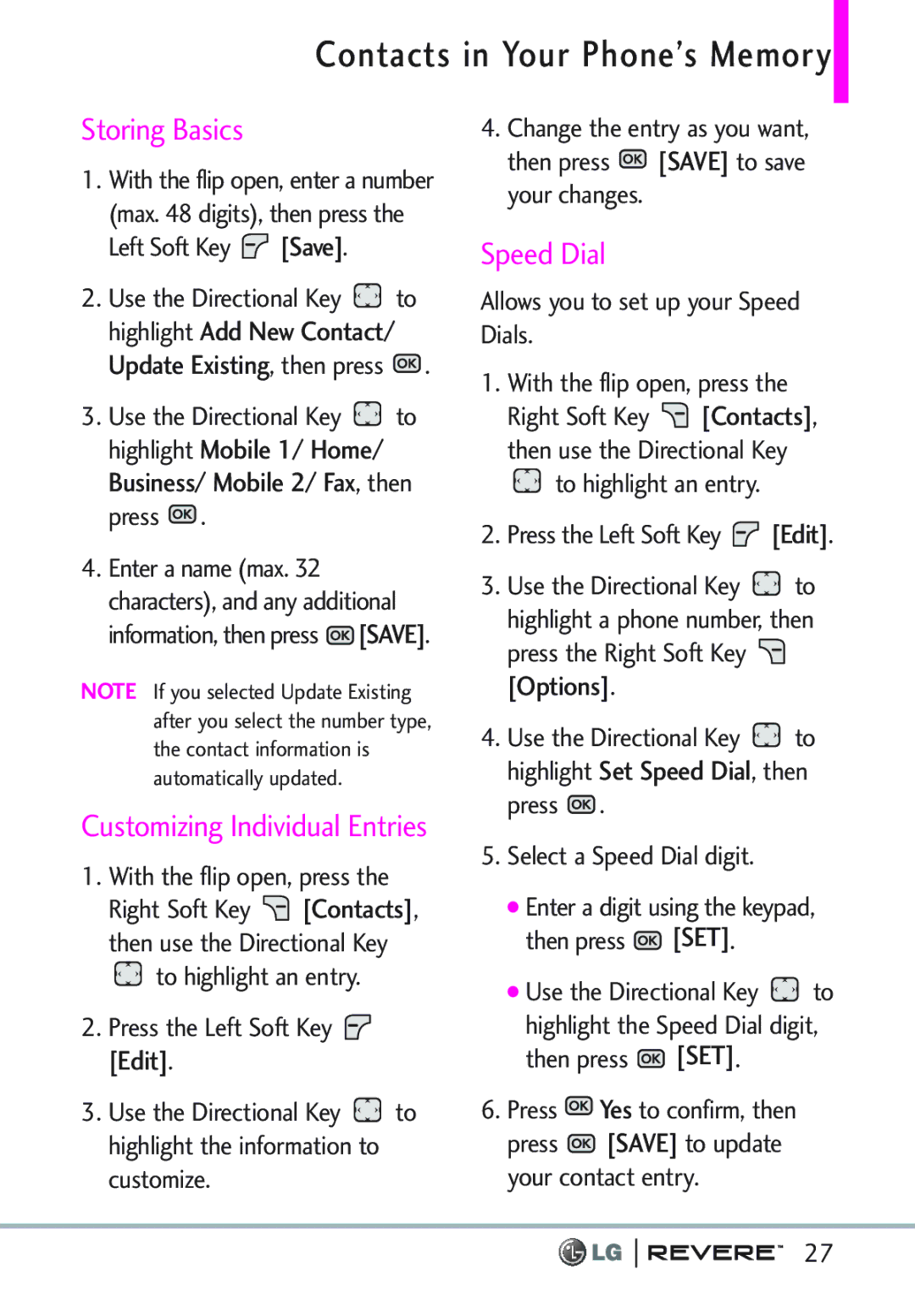 LG Electronics MFL67261701 manual Contacts in Your Phone’s Memory, Storing Basics, Speed Dial, Press the Left Soft Key Edit 