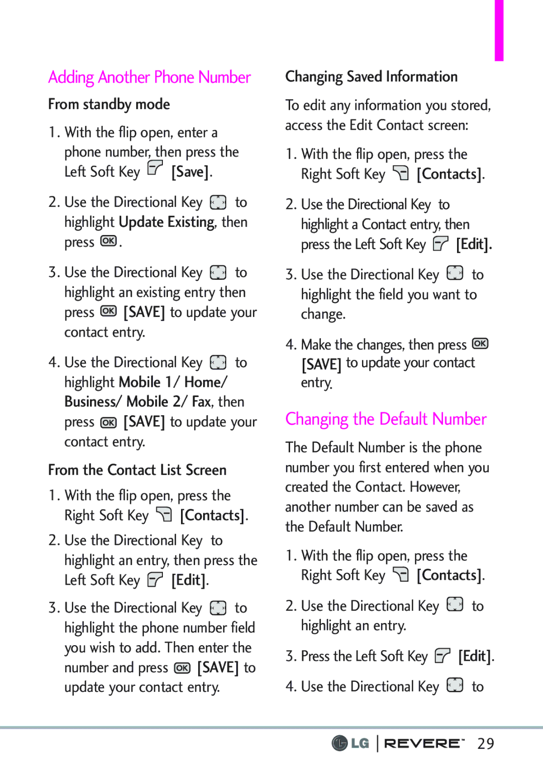 LG Electronics MFL67261701 manual Changing the Default Number, From standby mode, From the Contact List Screen 