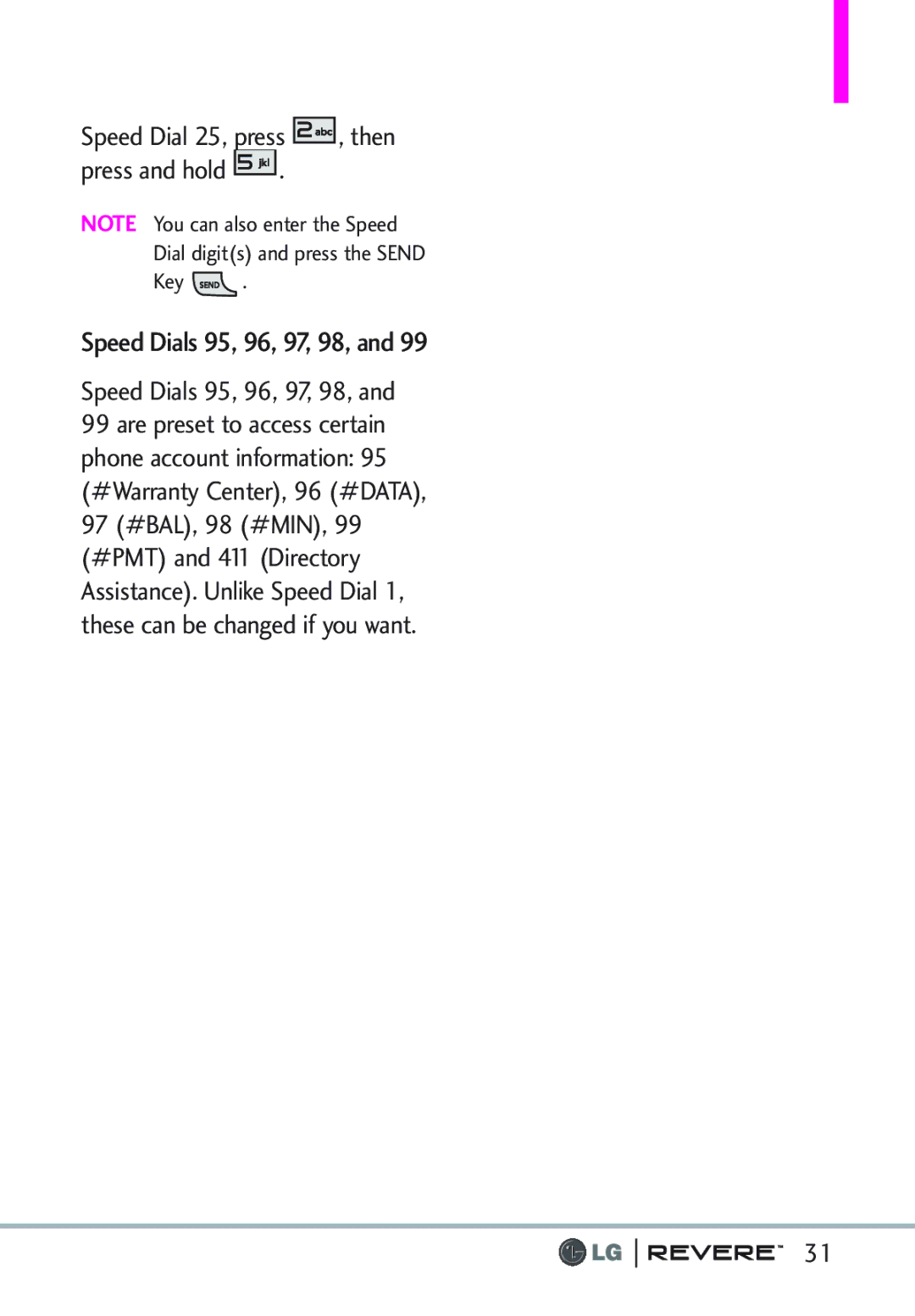 LG Electronics MFL67261701 manual Speed Dials 95, 96, 97, 98, Speed Dial 25, press , then Press and hold 
