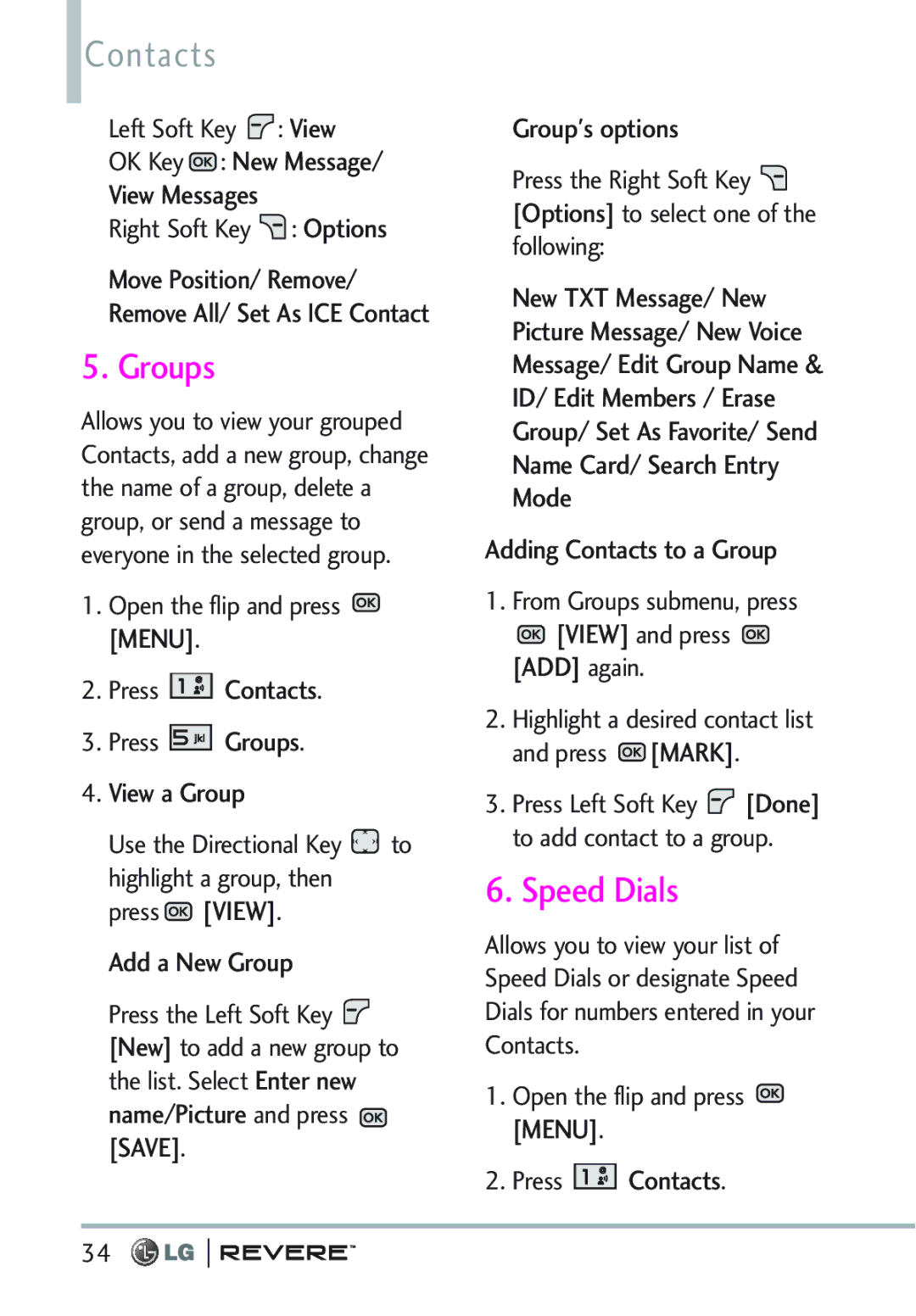 LG Electronics MFL67261701 manual Contacts, Groups, Speed Dials 