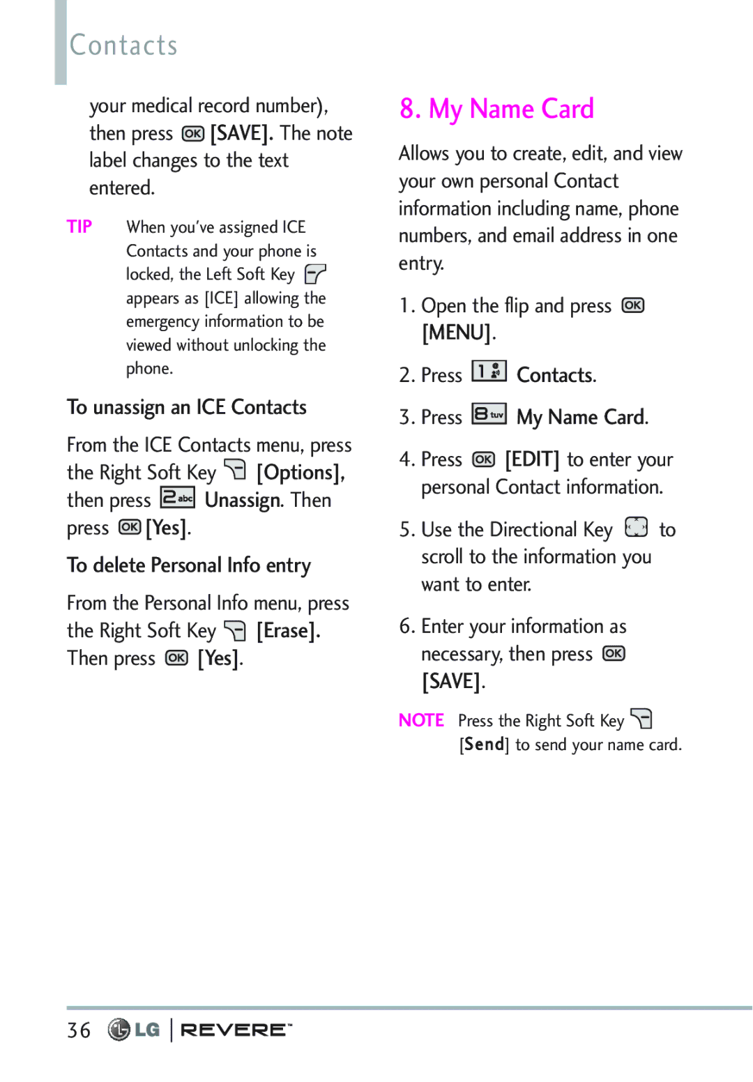 LG Electronics MFL67261701 manual My Name Card, To unassign an ICE Contacts, To delete Personal Info entry 