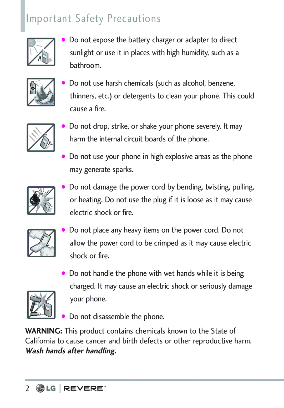 LG Electronics MFL67261701 manual Important Safety Precautions, Your phone Do not disassemble the phone 