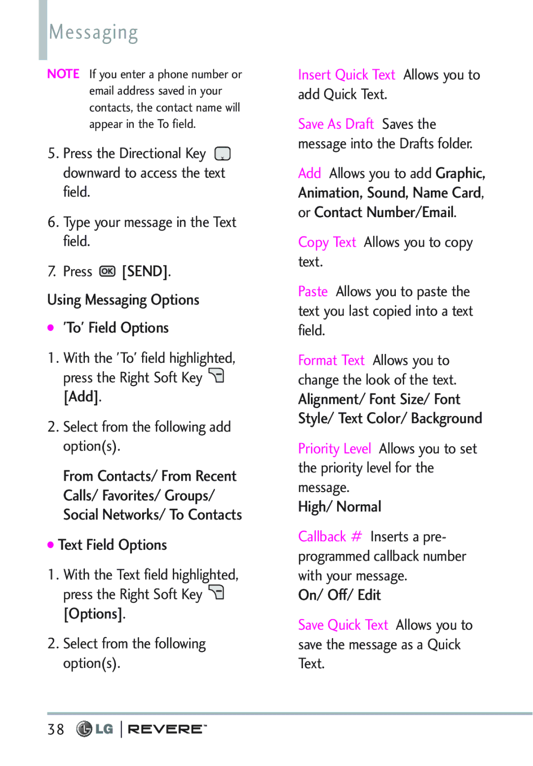 LG Electronics MFL67261701 Using Messaging Options To Field Options, Text Field Options, High/ Normal, On/ Off/ Edit 