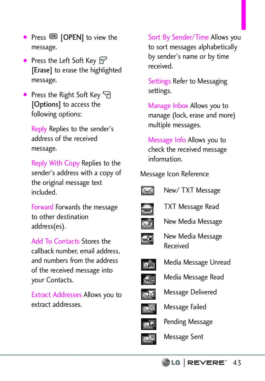 LG Electronics MFL67261701 manual Forward Forwards the message to other destination addresses 