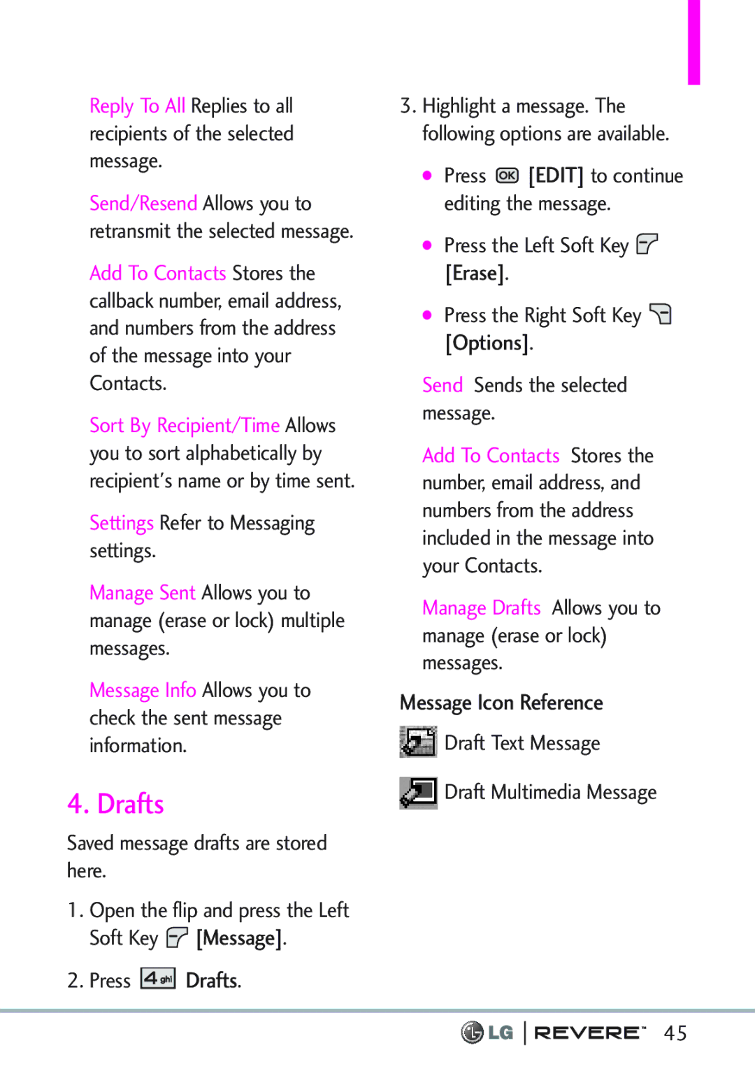 LG Electronics MFL67261701 manual Message Icon Reference, Saved message drafts are stored here, Press Drafts 