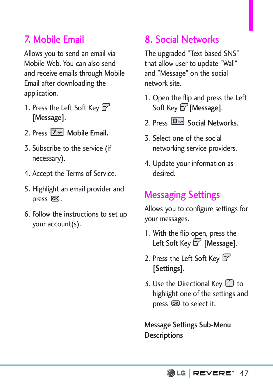 LG Electronics MFL67261701 manual Messaging Settings, Press Mobile Email, Press Social Networks 