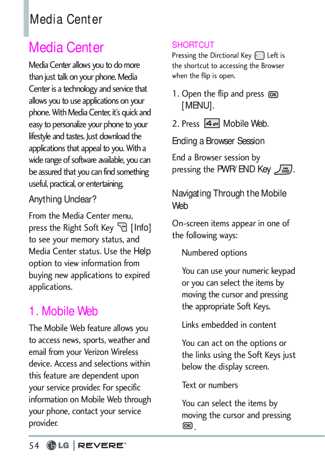 LG Electronics MFL67261701 manual Media Center, Anything Unclear?, Press Mobile Web Ending a Browser Session 