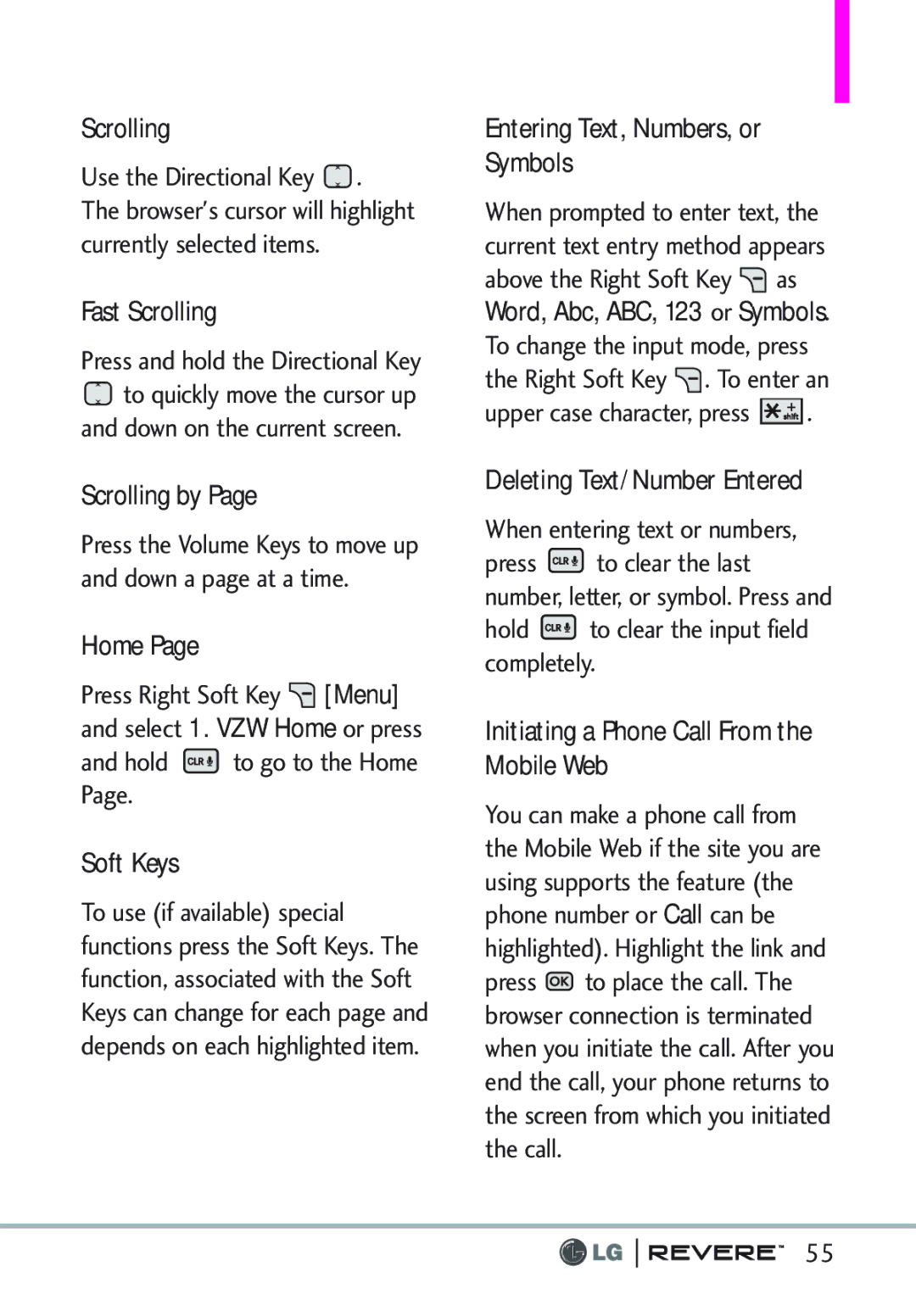 LG Electronics MFL67261701 manual Fast Scrolling, Scrolling by, Home, Soft Keys, Entering Text, Numbers, or Symbols 