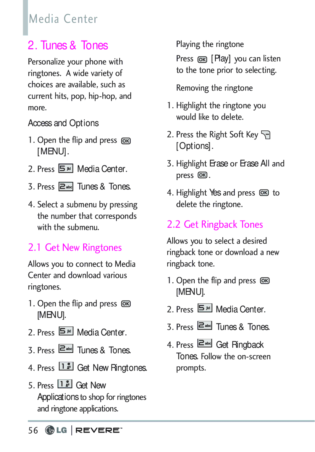LG Electronics MFL67261701 manual Media Center, Tunes & Tones, Get New Ringtones, Get Ringback Tones 