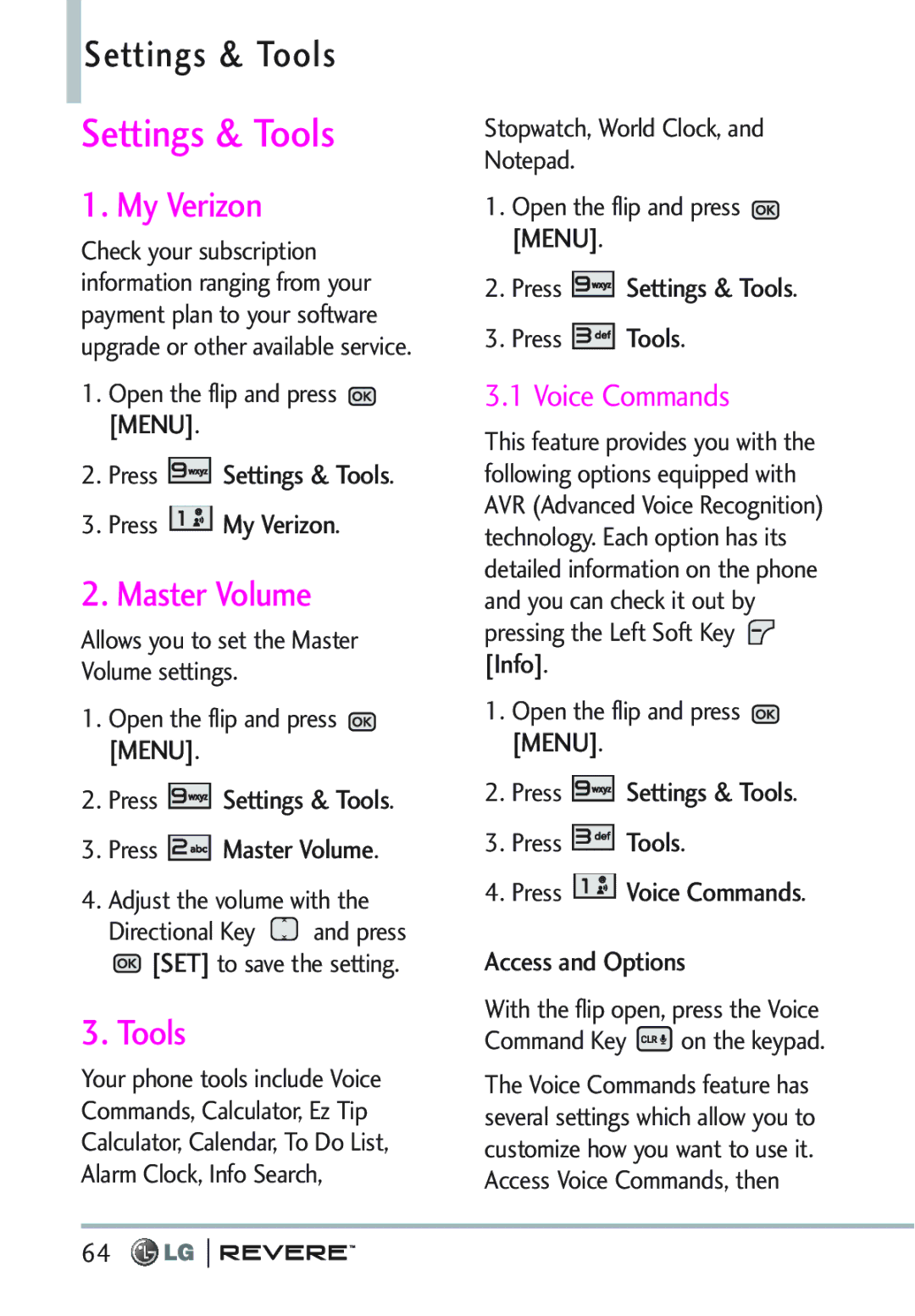 LG Electronics MFL67261701 manual Settings & Tools, My Verizon, Master Volume 