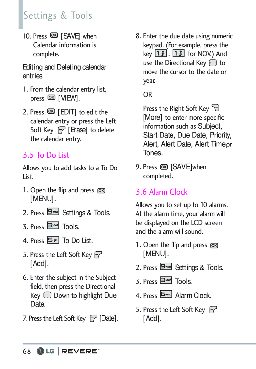 LG Electronics MFL67261701 manual Editing and Deleting calendar entries, Press To Do List, Press Alarm Clock 