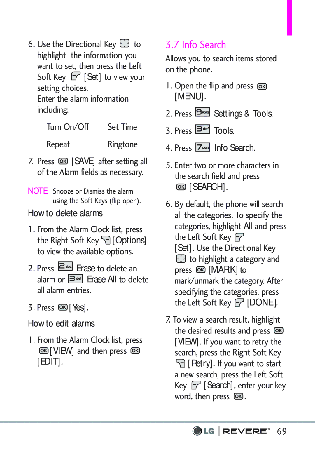 LG Electronics MFL67261701 manual How to delete alarms, How to edit alarms, Press Info Search 