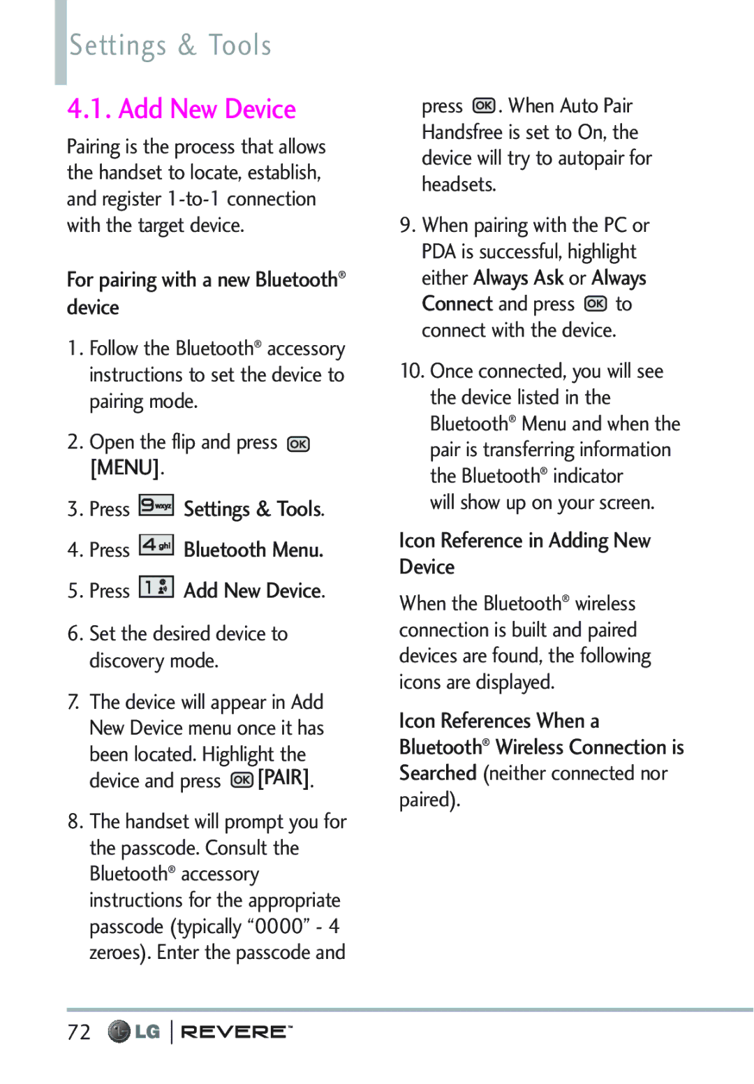 LG Electronics MFL67261701 Add New Device, For pairing with a new Bluetooth device, Icon Reference in Adding New Device 