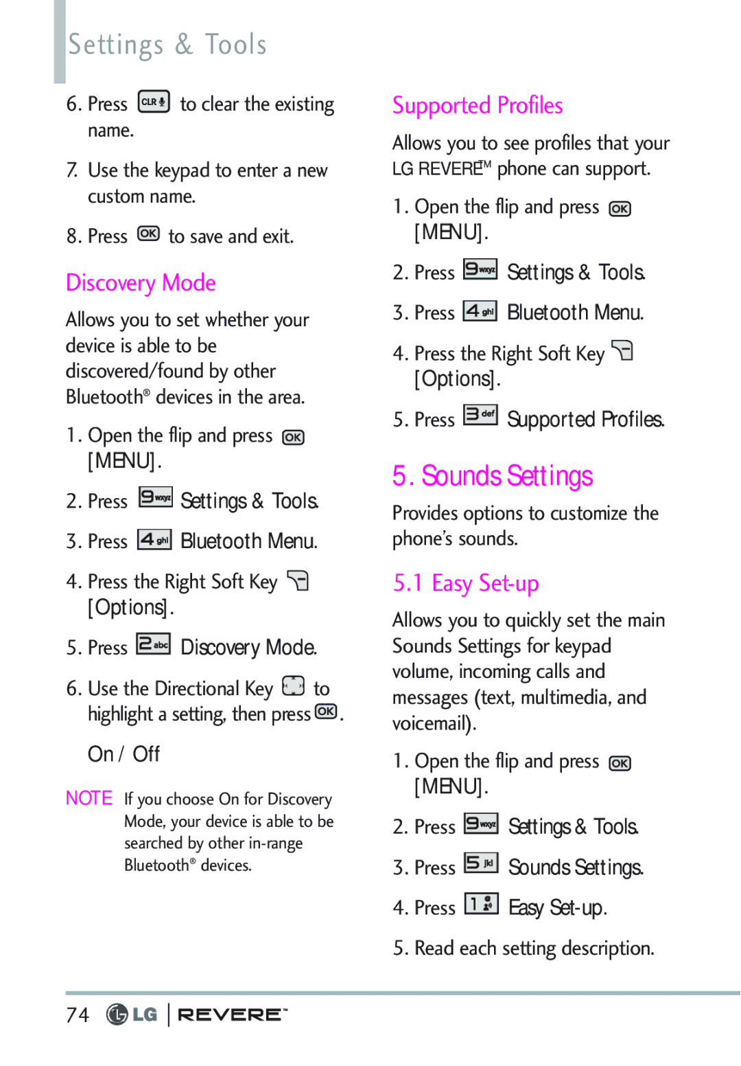 LG Electronics MFL67261701 manual Sounds Settings, Discovery Mode, Supported Profiles, Easy Set-up 