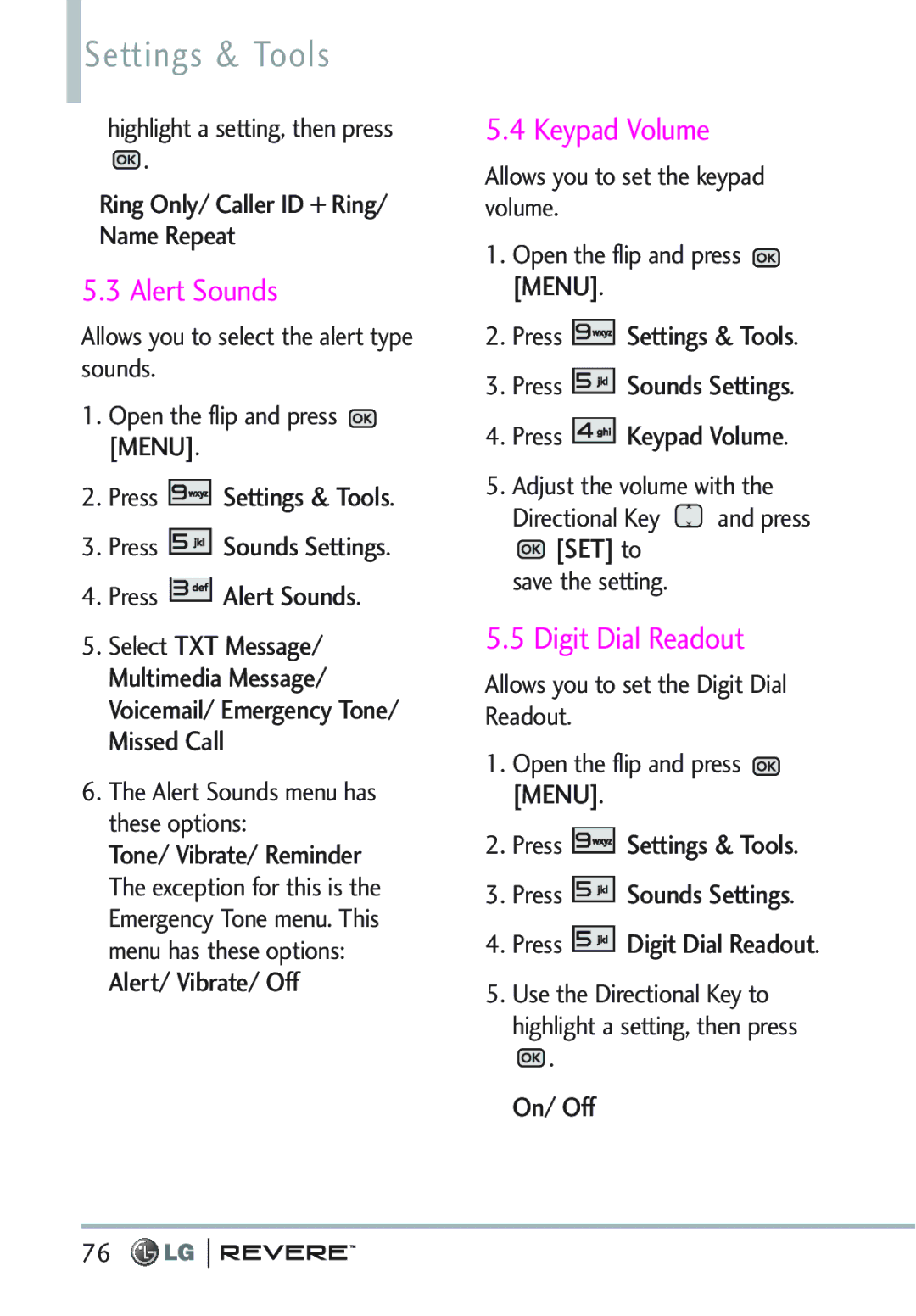LG Electronics MFL67261701 manual Alert Sounds, Keypad Volume, Digit Dial Readout, On/ Off 