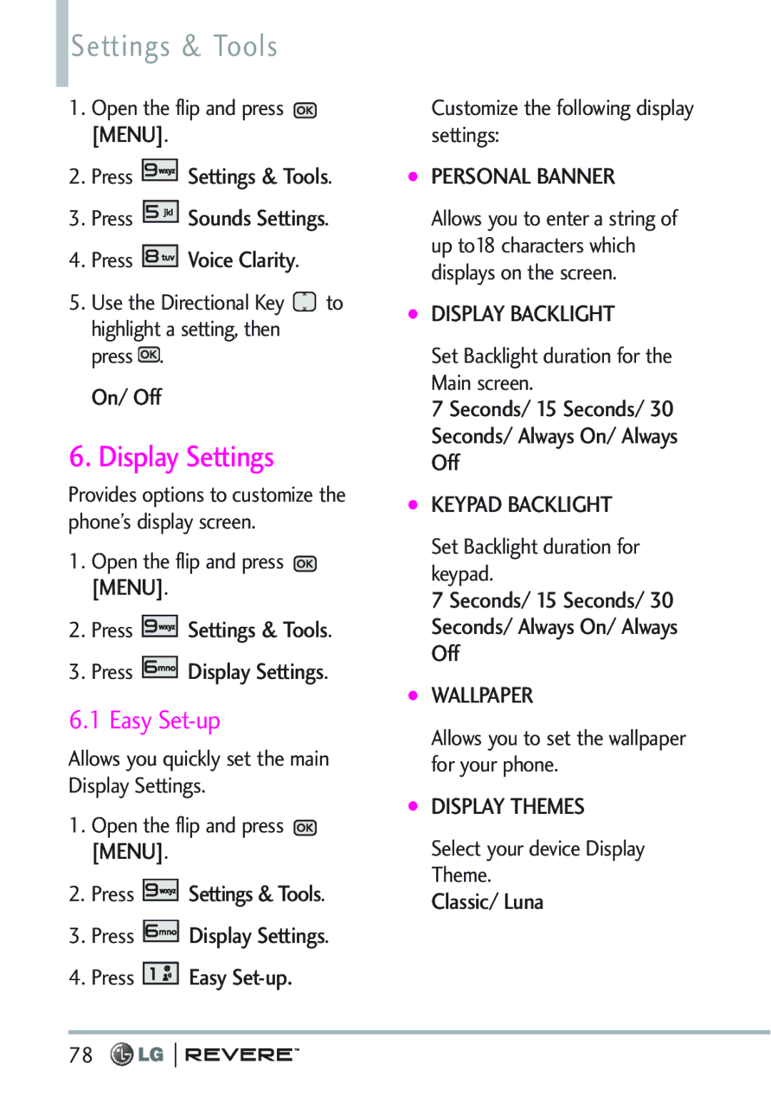 LG Electronics MFL67261701 manual Press Settings & Tools Press Display Settings, Classic/ Luna 