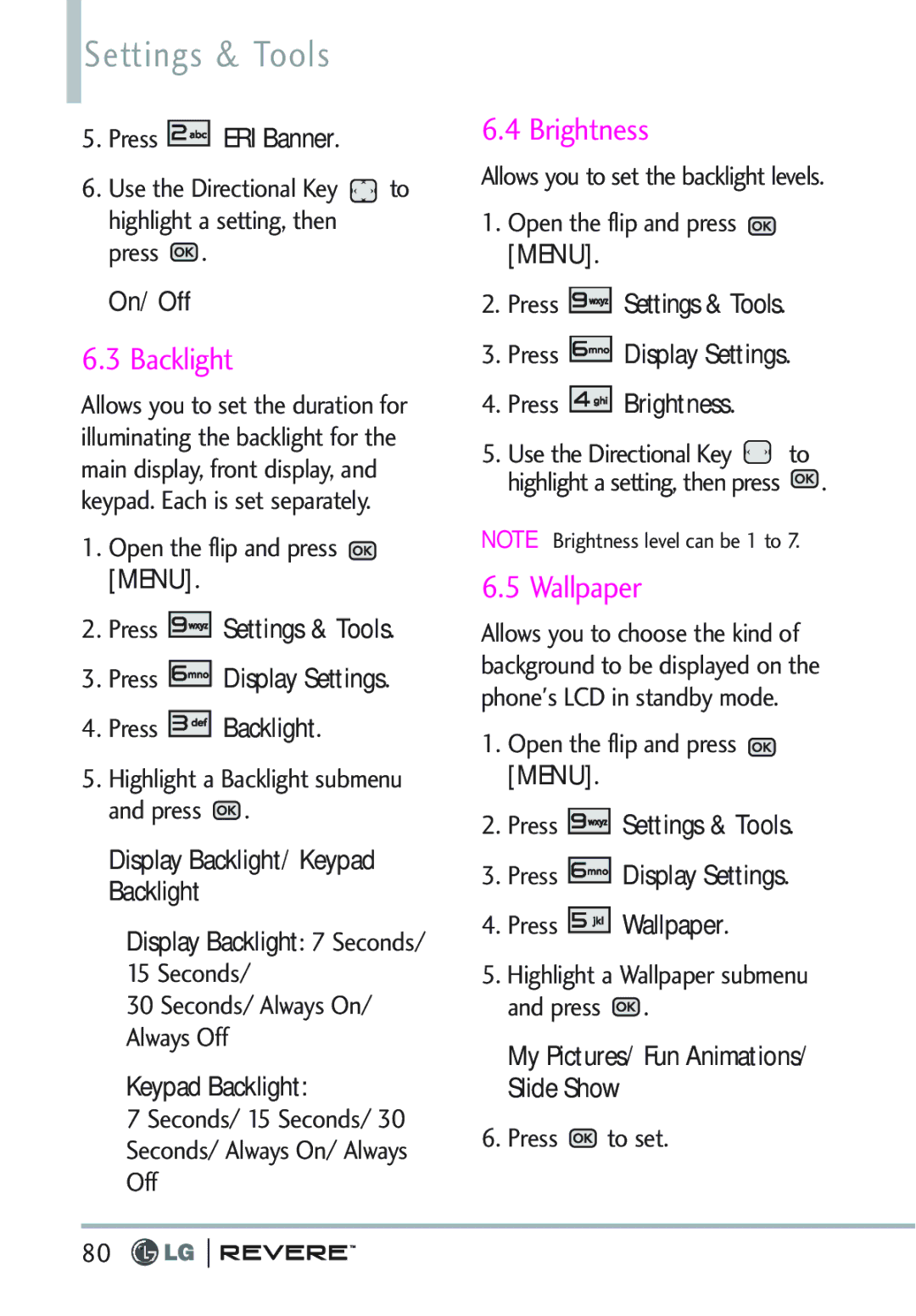 LG Electronics MFL67261701 manual Backlight, Brightness, Wallpaper 