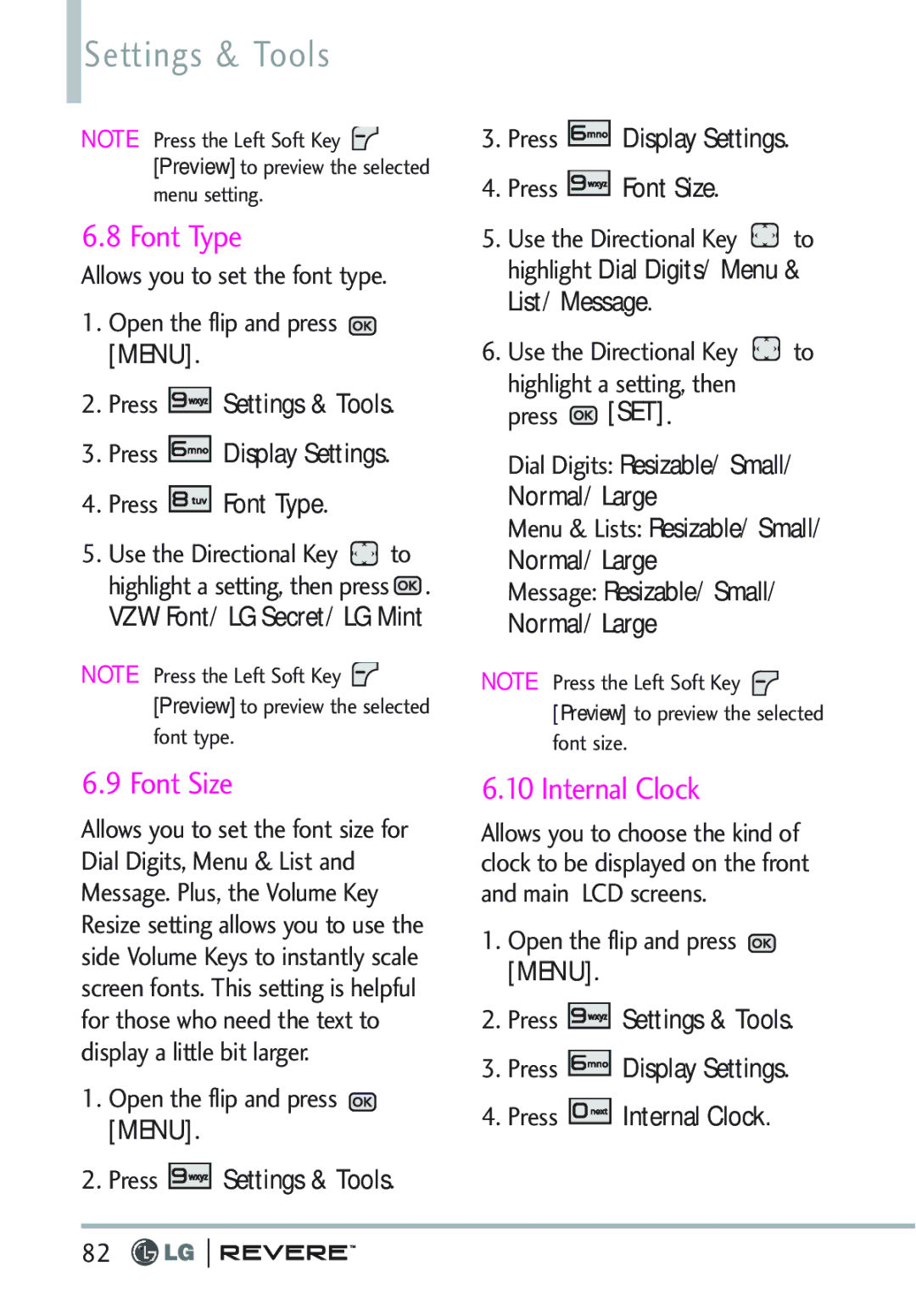 LG Electronics MFL67261701 manual Font Type, Font Size, Internal Clock, Message Resizable/ Small/ Normal/ Large 