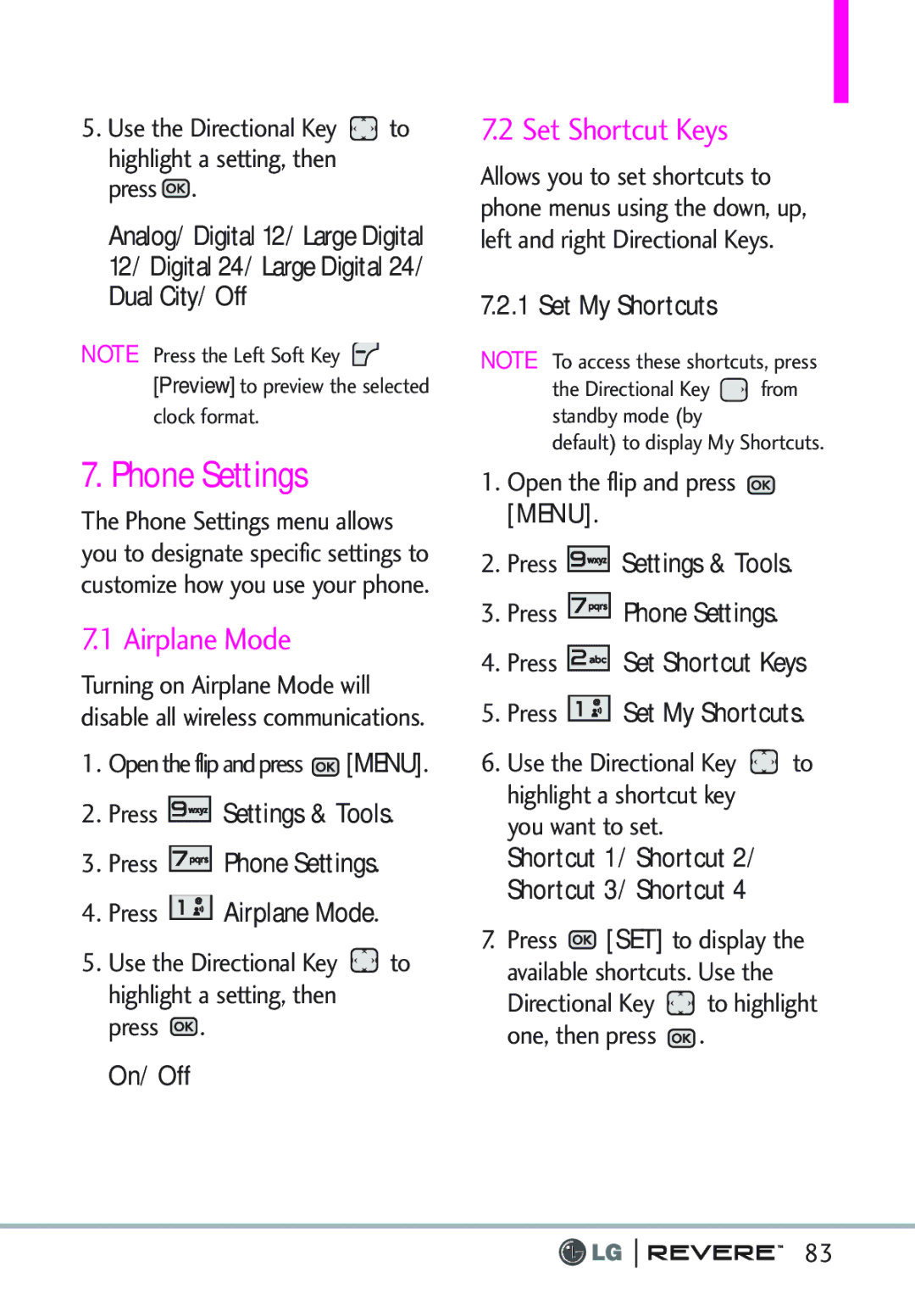 LG Electronics MFL67261701 manual Phone Settings, Airplane Mode, Set Shortcut Keys, Set My Shortcuts 