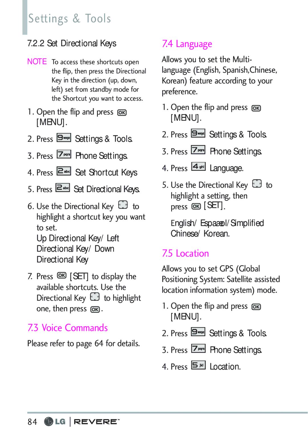 LG Electronics MFL67261701 manual Language, Location, Set Directional Keys 