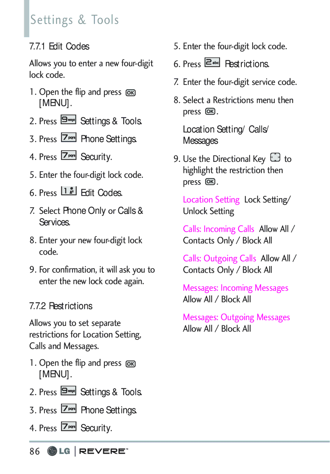 LG Electronics MFL67261701 manual Press Edit Codes Select Phone Only or Calls & Services, Press Restrictions 