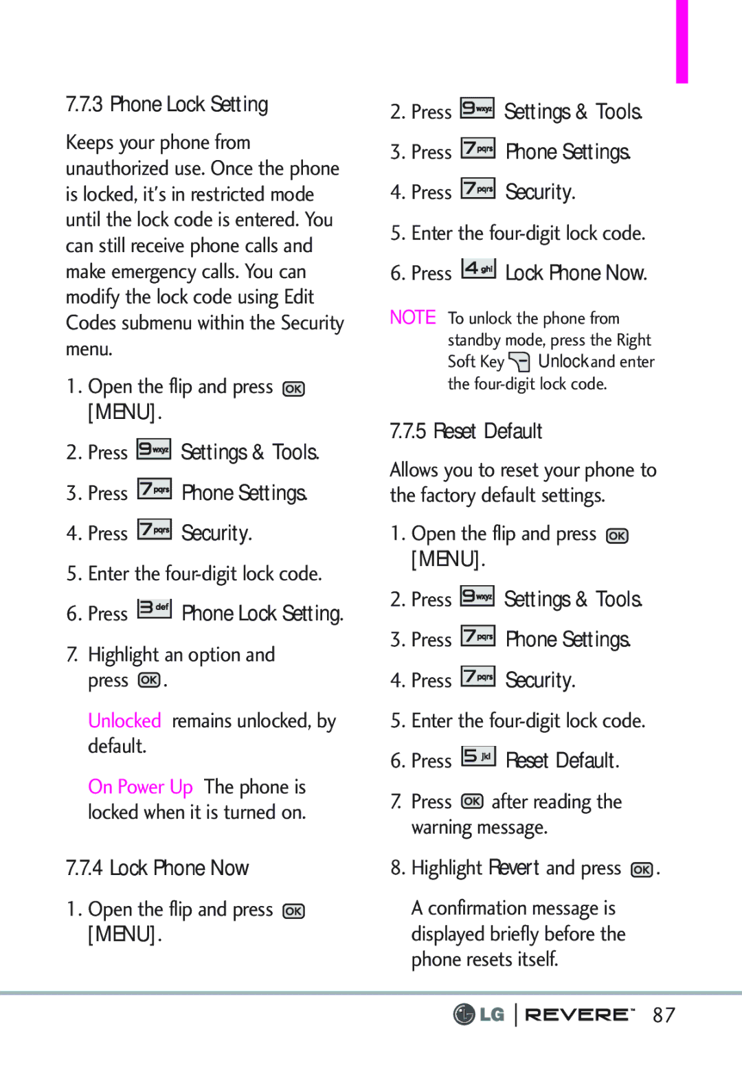 LG Electronics MFL67261701 manual Phone Lock Setting, Press Lock Phone Now Reset Default, Press Reset Default 