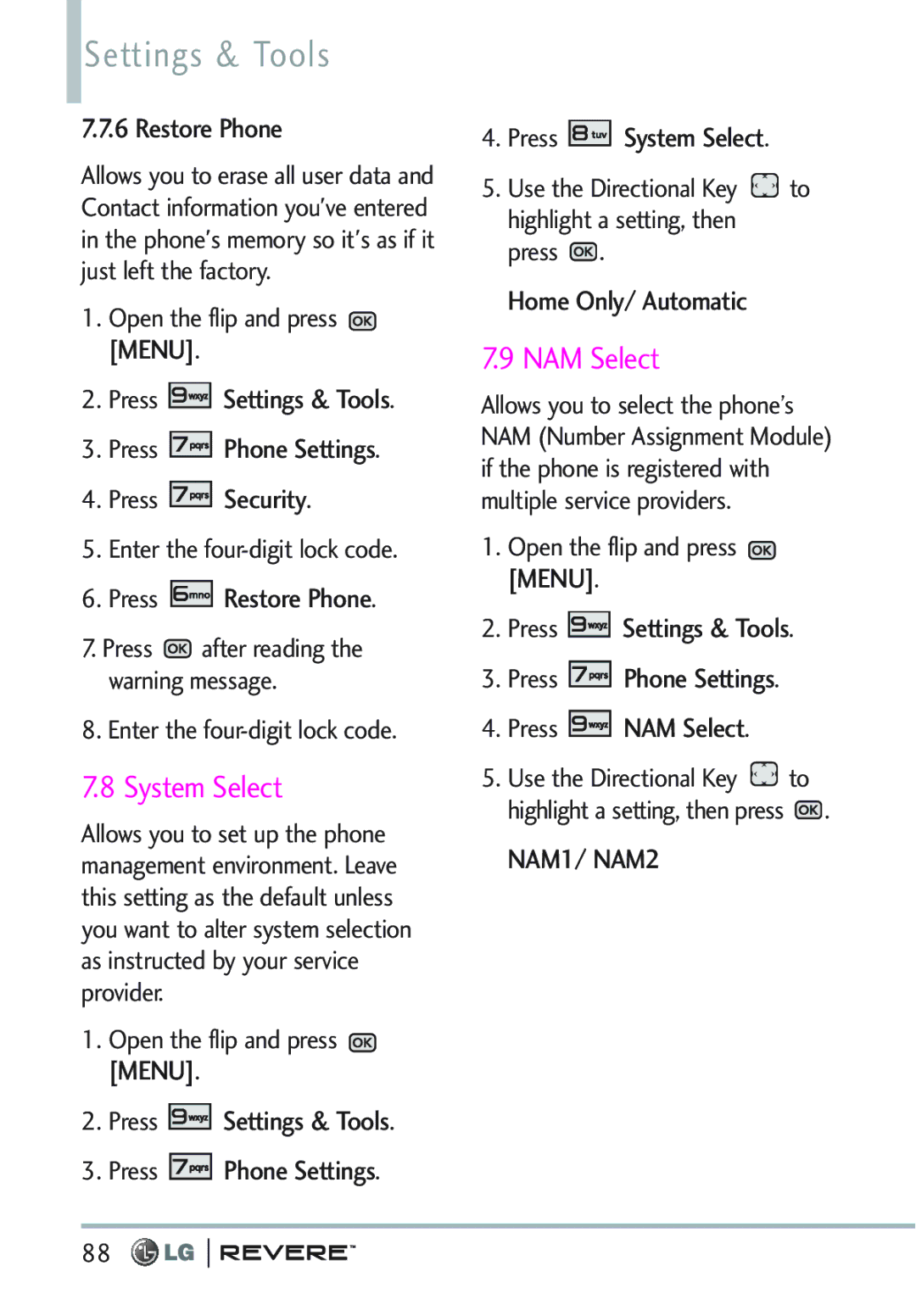 LG Electronics MFL67261701 manual System Select, NAM Select, Restore Phone, Home Only/ Automatic 