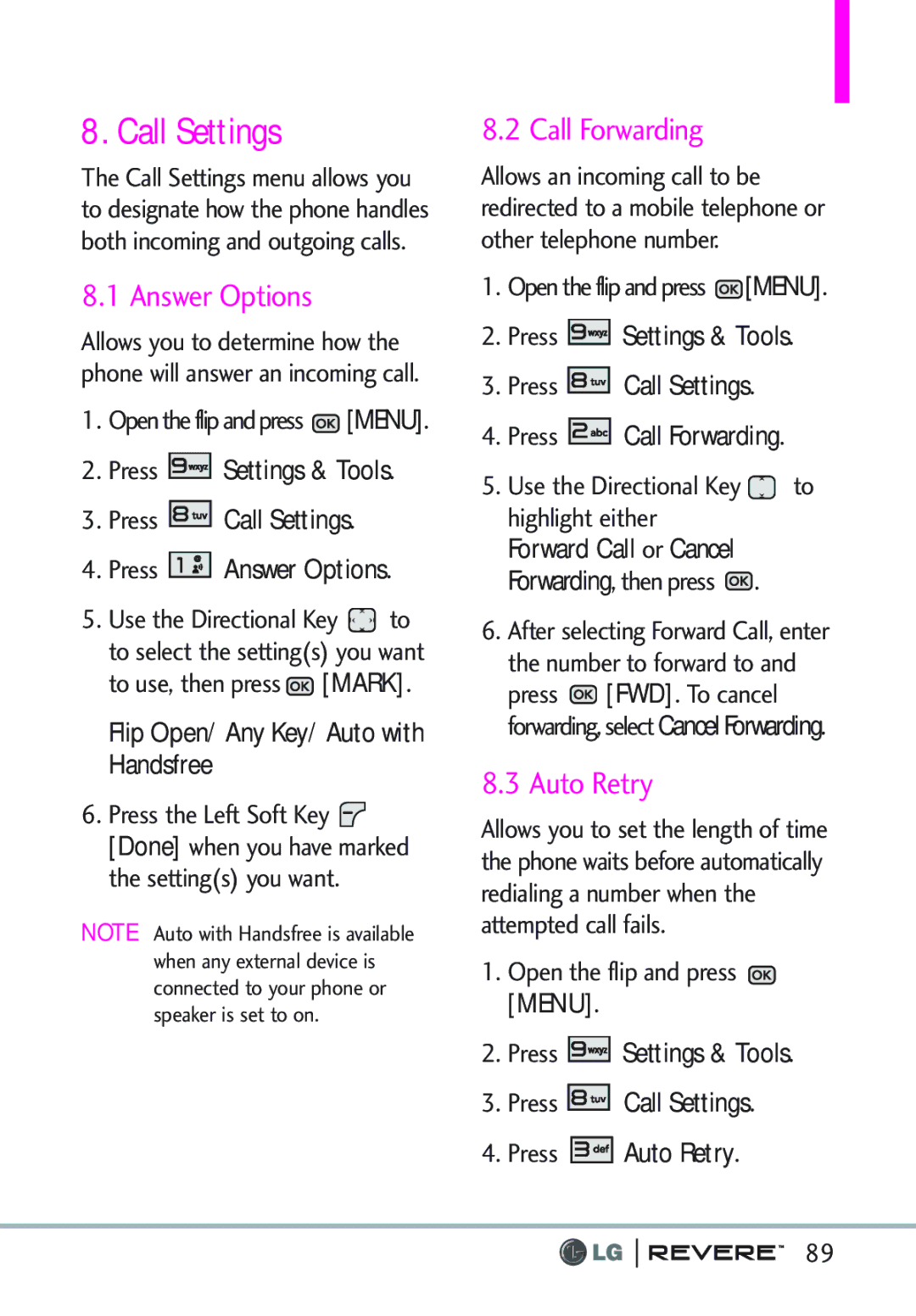 LG Electronics MFL67261701 manual Call Settings, Answer Options, Call Forwarding, Auto Retry 