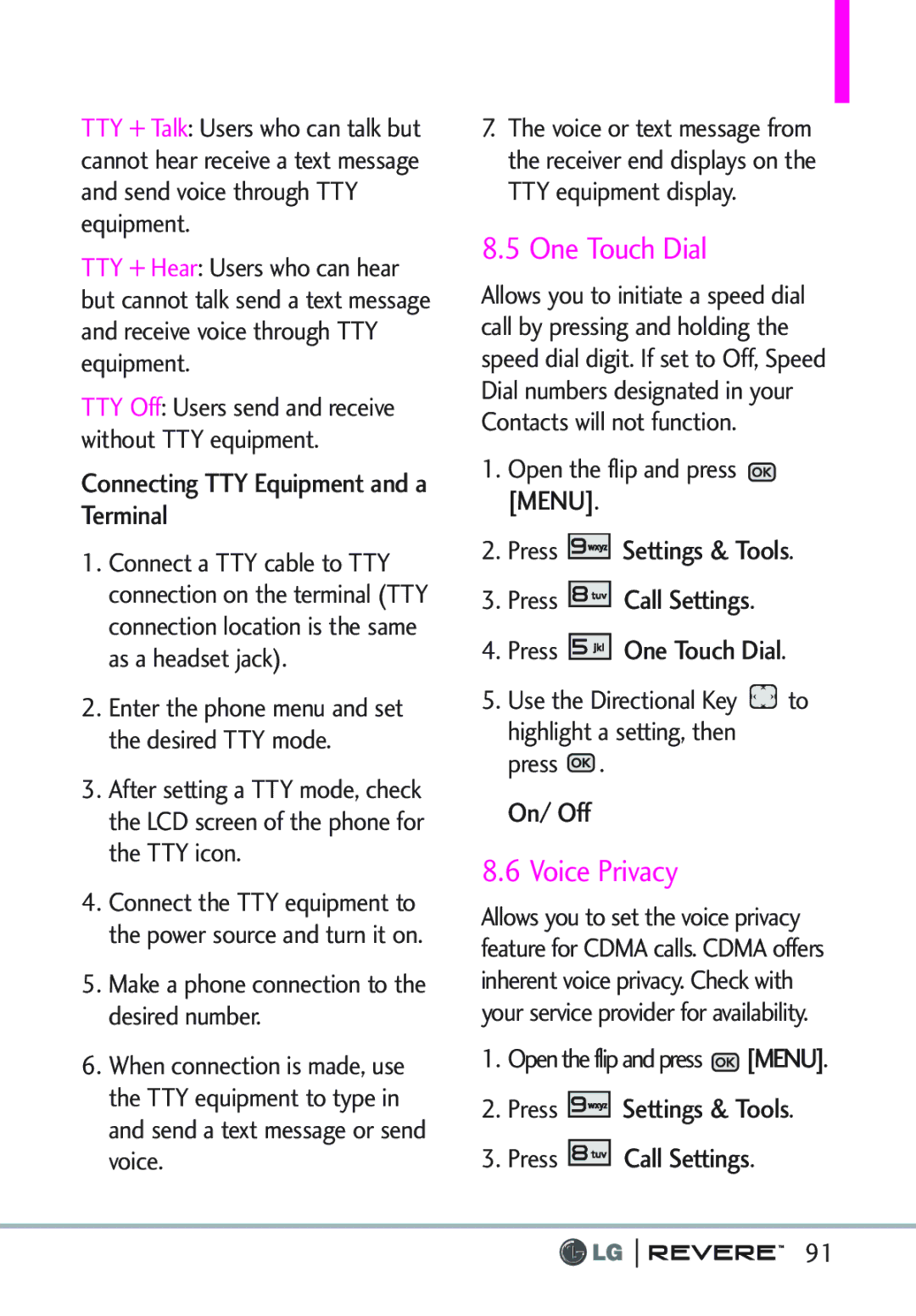 LG Electronics MFL67261701 manual One Touch Dial, Voice Privacy, Connecting TTY Equipment and a Terminal 