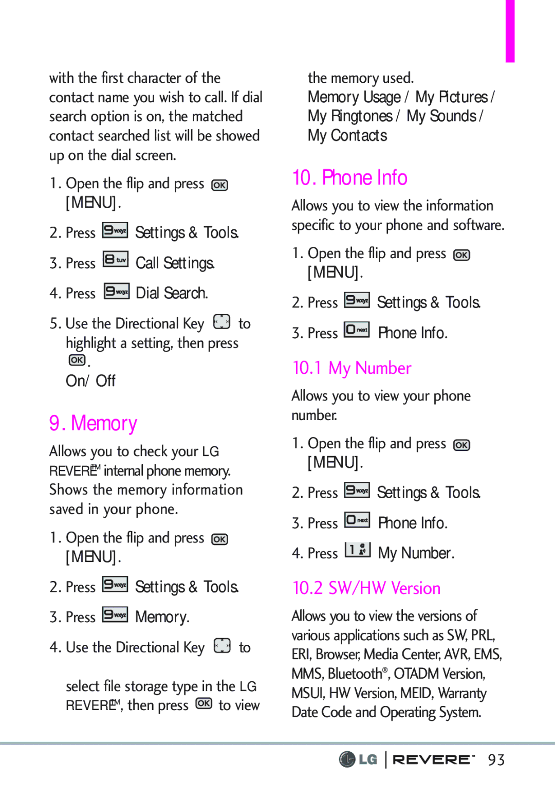 LG Electronics MFL67261701 manual Memory, Phone Info, My Number, 10.2 SW/HW Version 